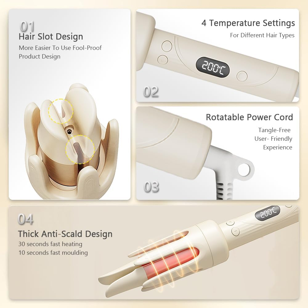 Frafuo Automatic Curling Iron-32Mm Automatic Rotating Hair Curler with LCD Display-4 Temperature Adjustable Temperature Ceramic Crimper Auto Hair Curling Wand for Medium/Long, Beige image number 2
