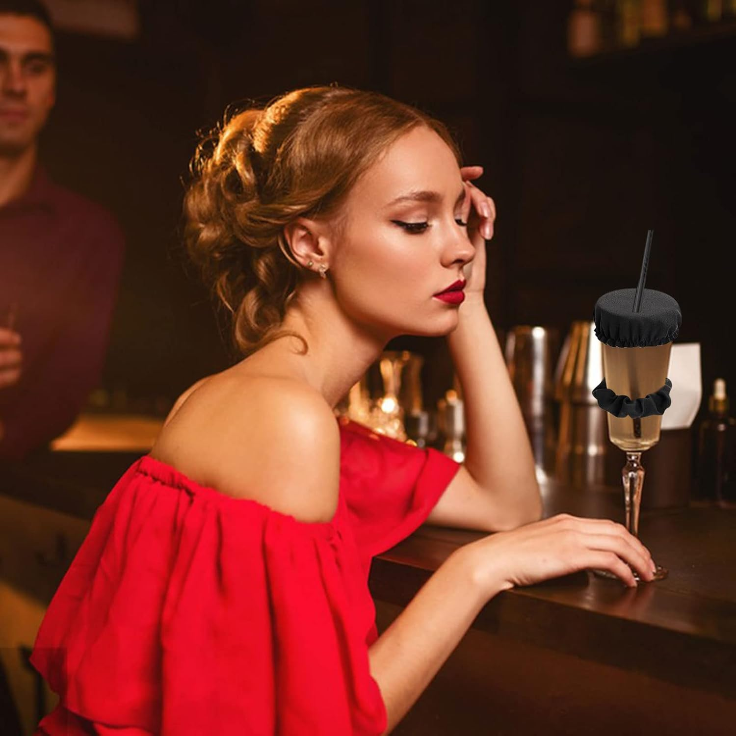 Karjiaja Scrunchie Drink Cover, Anti-Spike Hair Scrunchie Club Headband for Drinks Protection, Black, 1 Count