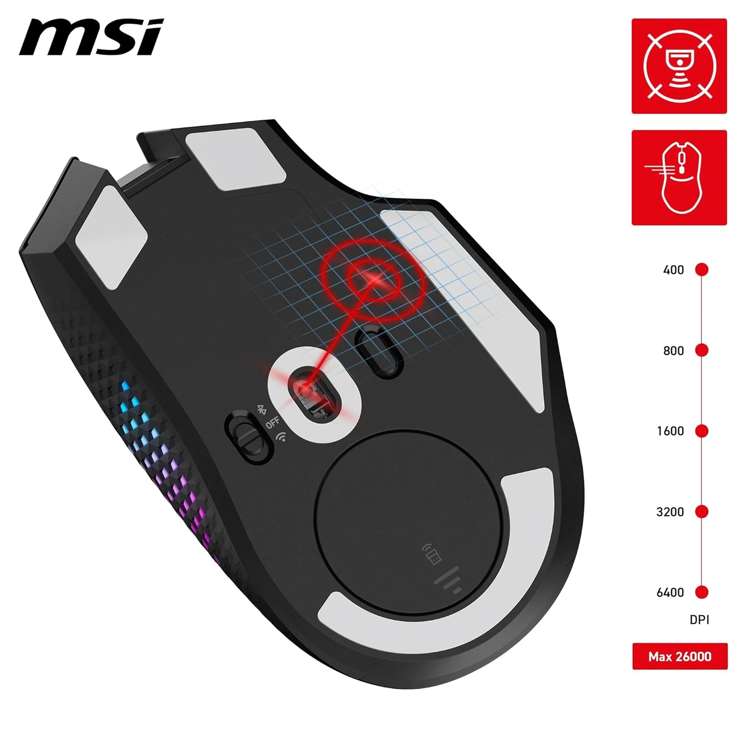 MSI Versa PRO Wireless + Mouse Dock PRO Gaming Mouse - Charging Dock, 26000 DPI Optical Sensor, Right Handed Use, 70 Million Clicks, 80 Hours Battery Life, 97 G - Wired/Wireless