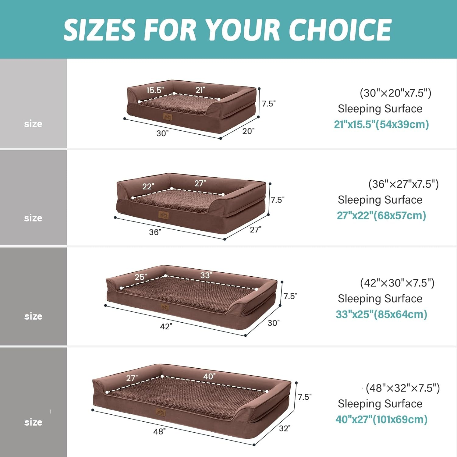 Orthopedic Dog Bed, Pet Couch, Big Supportive Foam Bolster Sofa with Waterproof Lining Cover, Comfort, Washable (U-Brown, 76X51X19Cm) image number 6