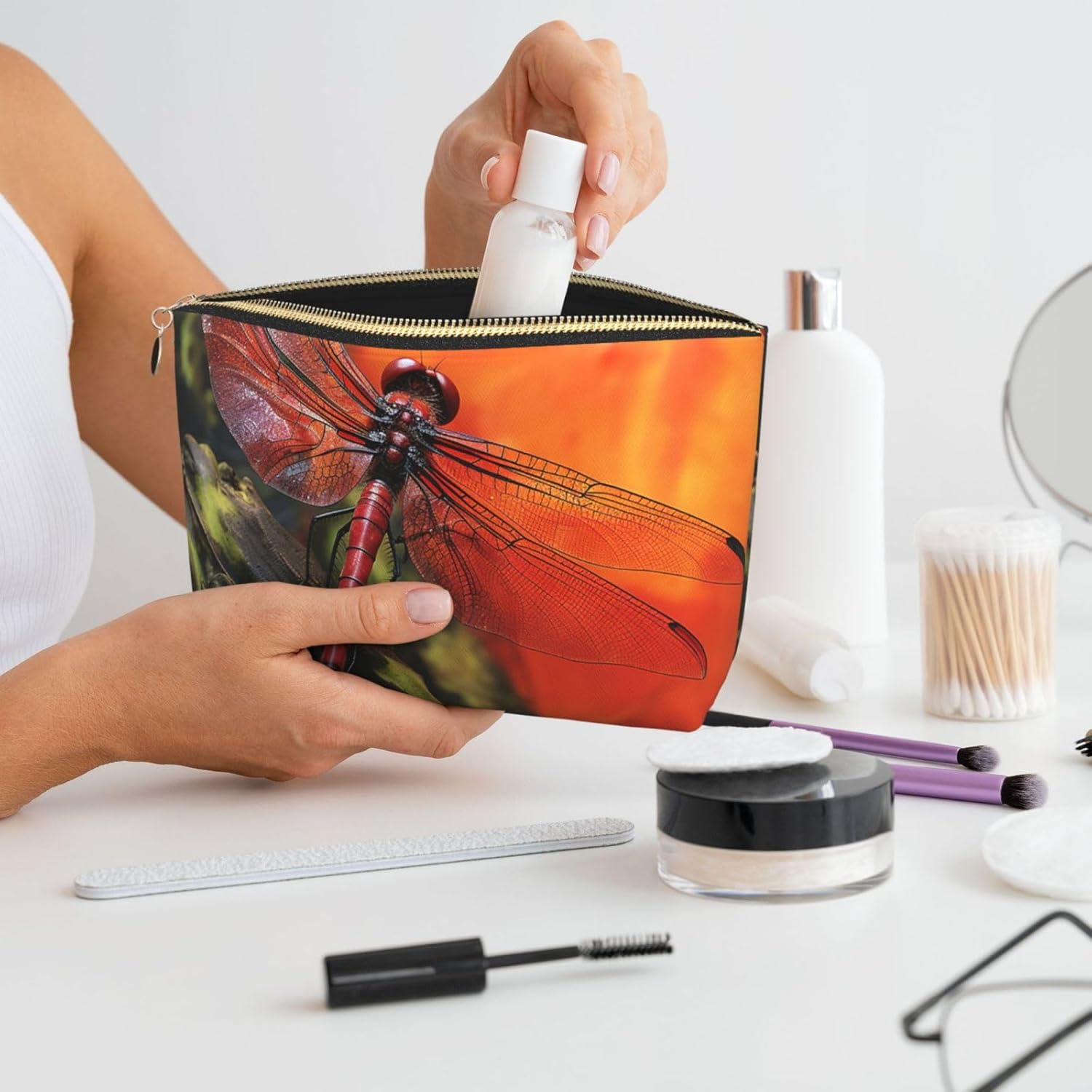 SDTYKHJ Large Capacity Makeup Bag for Women, Waterproof Portable Shaving Bag, Small Toiletry Bag, Red Dragonfly, Leather Cosmetic Organizer Bags for Travel, Gold, One Size