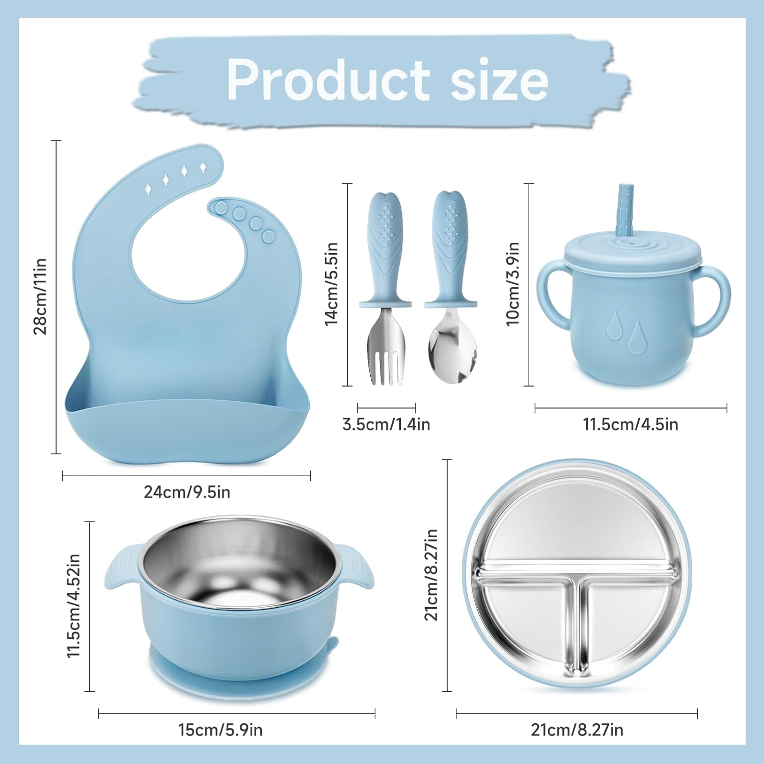 6-Piece Baby Stainless Steel Feeding Set - Bowl, Plate, Cup, Spoon, Fork & Bib | 100% Food-Grade 304 Steel with Removable Silicone Sleeves | Dishwasher-Safe Toddler Tableware (Blue)