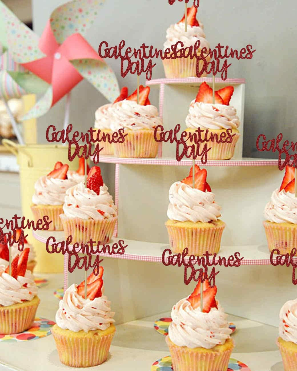 Galentines Day Cupcake Toppers Decorations, Red Glitter Happy Galentines Day Cupcake Toppers for Galentine'S Day Decoration, Friends Galentines Party Decor, Valentines Day Party Decorations -24PCS image number 2