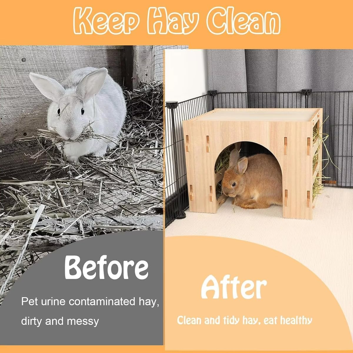 AIMALL Three-In-One Wooden Hay Feeder Bunny Tunnel Hideout Villa for Rabbit Guinea Pig Hamster, Pet Feeding Station with Hay Rack and Shelter, Easy to Clean image number 1