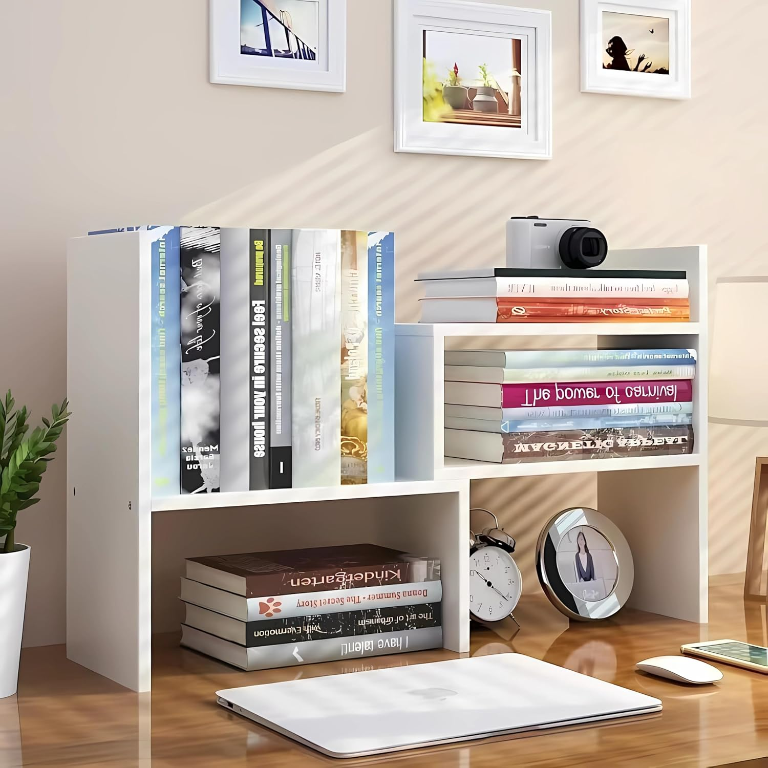 Hbluefat Desktop Bookshelf,Small Desk Shelf Organizer Mini Shelves Adjustable Desk Bookcase Display Organizer for Home Office, Bedroom, Living Room (Wood)