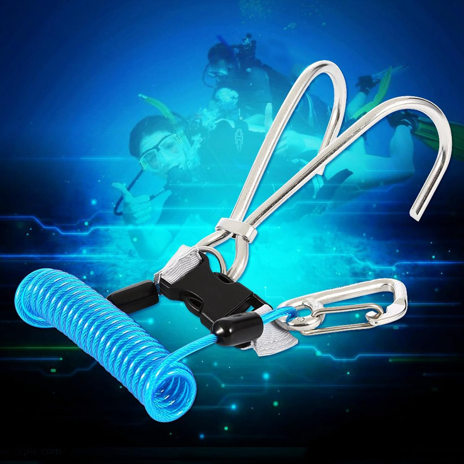 Keep Diving Stainless Steel Reef Hook with Spring Lanyard Diving Hook Keep Diving Stainless Steel Hook Diving Accessories - Diving & Snorkelling (Blue) image number 2