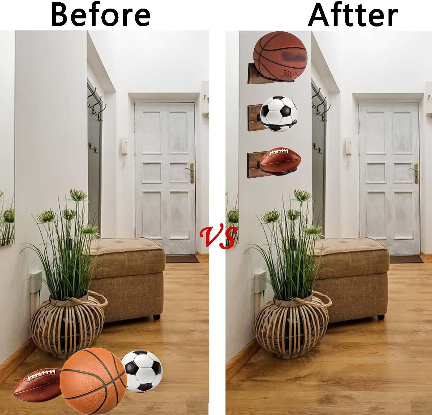 3Pcs Basketball Holder,Wall Mount Ball Storage,Basketball Rack with Wooden Base,Ball Holder for Basketball Stuff,Soccer,Volleyball Collection,Rugby, Soccer Accessories for Boys image number 4