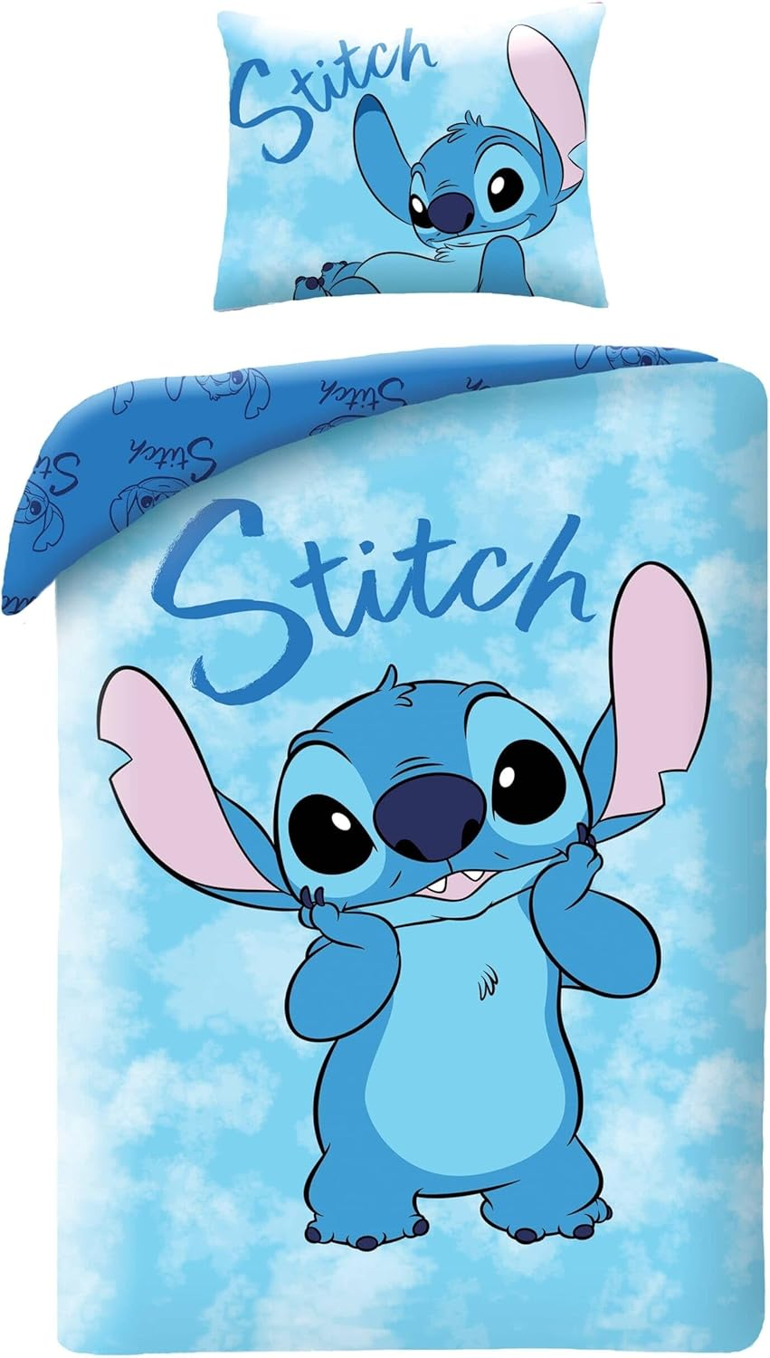 Halantex Lilo and Stitch Disney Children'S Bedding Set - 140 X 200 Cm + Pillowcase 70 X 90 Cm - 100% Cotton - Reversible Bedding Duvet Cover with Zip