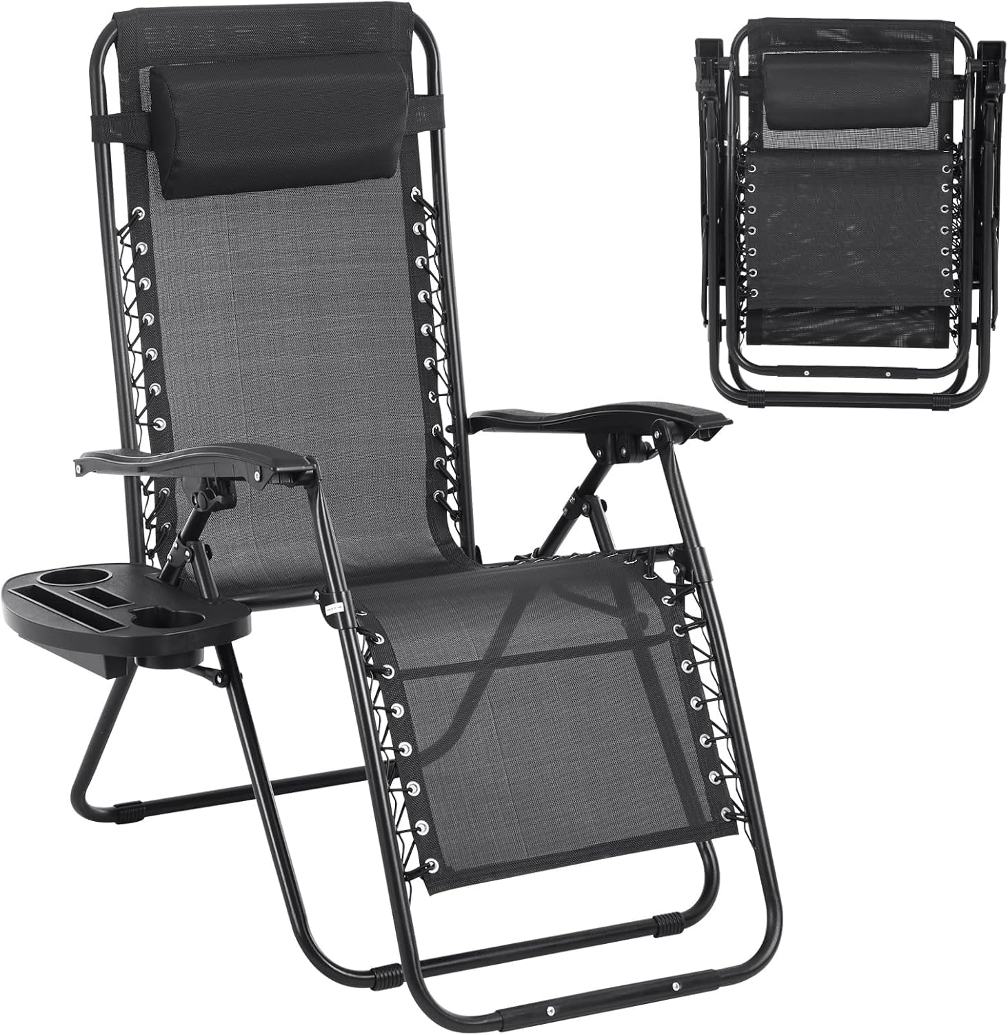 Zero Gravity Chairs, Adjustable Folding Lawn Chair with Pillow and Cup Holder Trays, Outdoor anti Gravity Reclining Lounge Chair, for Poolside, Lawn, Beach, Camping, Black (1 Pack)