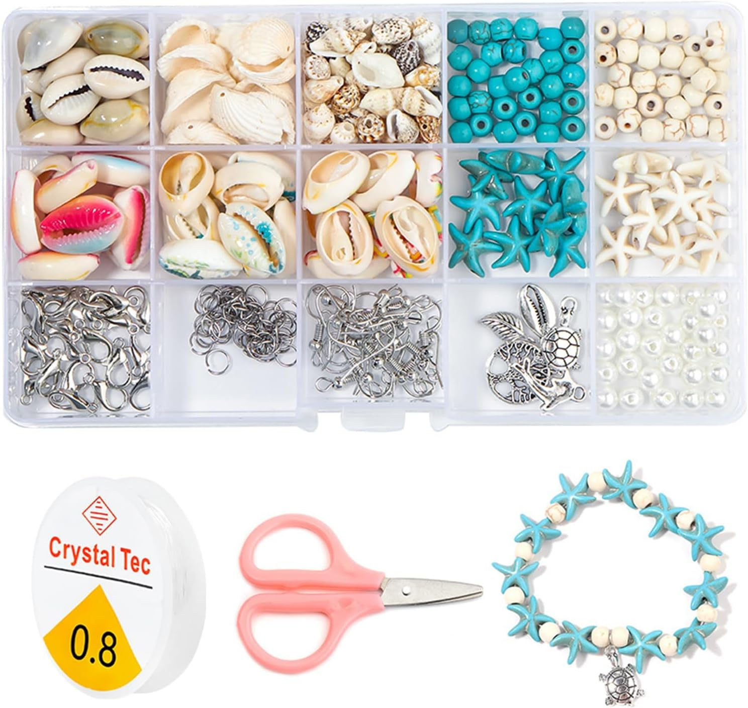 325 Pcs Ocean Jewellery Making Kit,Beach Beads Charms with Turtle Mermaid Dolphin Starfish Alloy Sea Pendants for Necklace Anklet Craft Jewellery Making (1 Set) image number 4