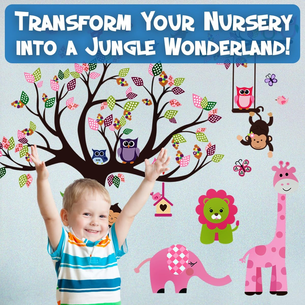 DEKOSH Pink Jungle Theme Girl Nursery Wall Decal Featuring Large Tree Owl and Butterflies Peel and Stick Wall Sticker Set for Kids Room D&eacute;cor image number 4