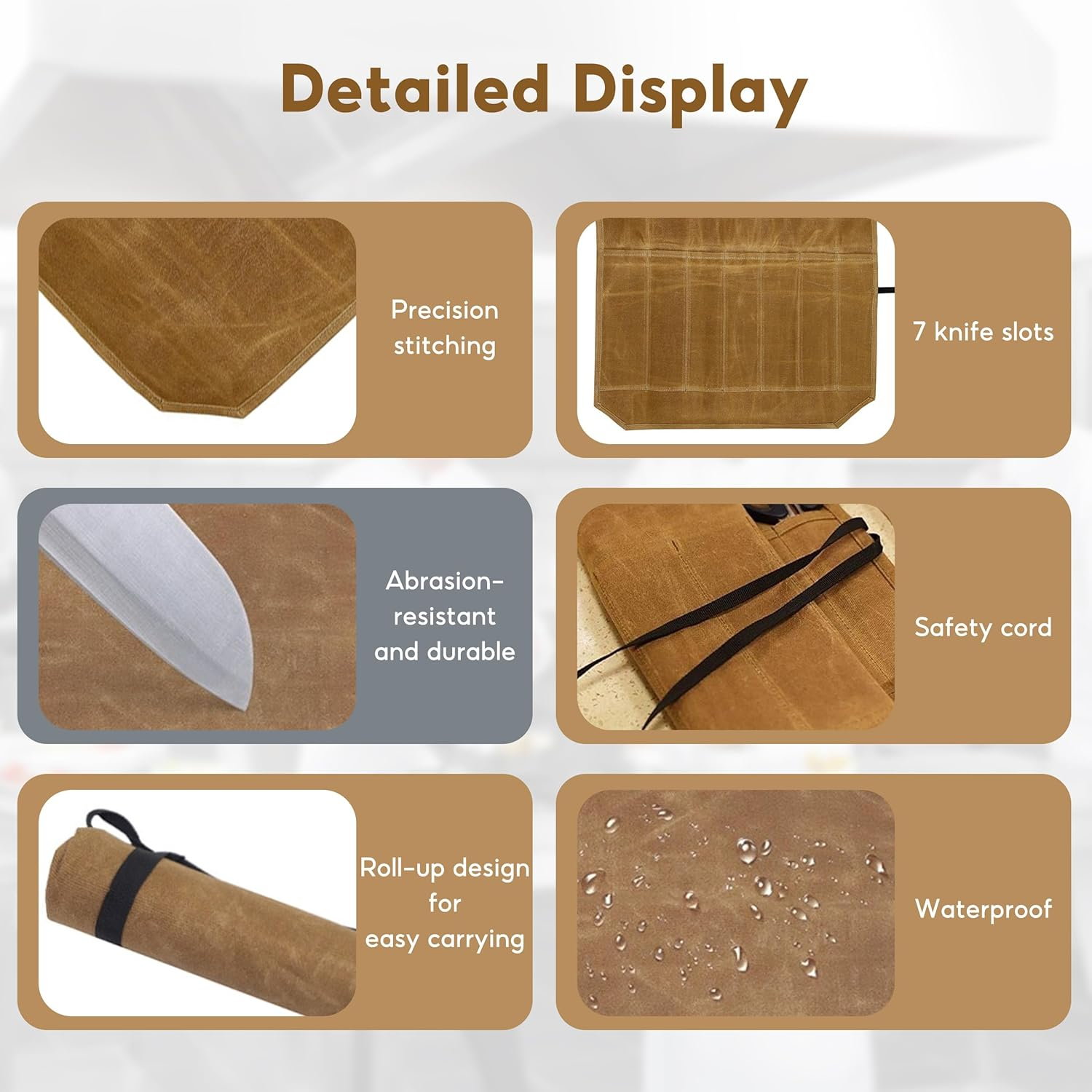 Yqsibth Knife Roll Bag, Waxed Canvas Knife Bag, 7 Slots Knife Cutlery Tool Roll Case Storage Bag Cutlery Tool Roll Chef Knife Bag Chefs Knife Roll Bag for Pro Chefs or Culinary Enthusiasts (Gray), image number 4