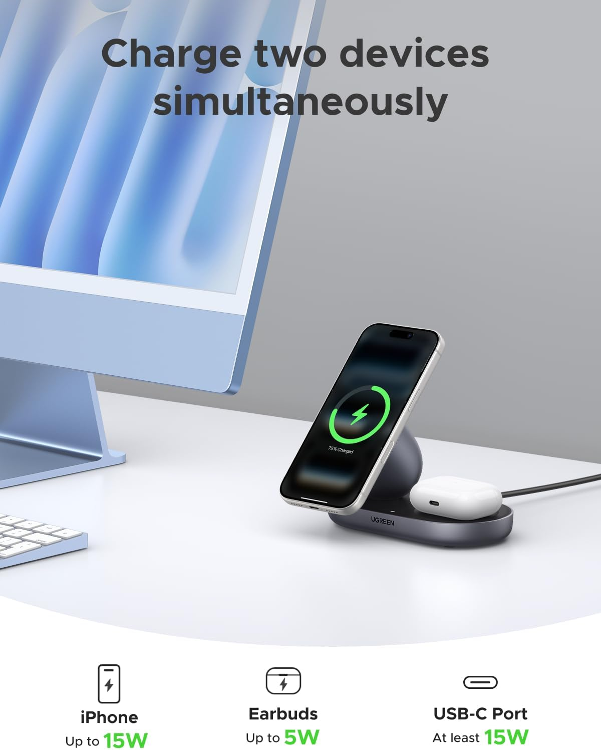 UGREEN for 15W Magsafe Charger Qi2 Certified, 2-In-1 Wireless Charger Stand, Magnetic Charging Station, Compatible with Iphone 17/16/15/15 Plus/15 Pro/15 Pro Max/14/13/12, Airpods image number 4