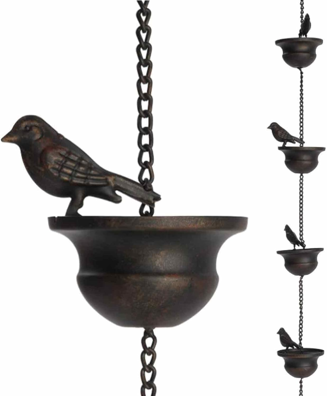 Metal Rainwater Chain Bird Gutter Chain Rain Drain Rain Downpipe Rain Gutter Chain Rain Chains for Gutters, 2.4 M Rain Bells with Attached Hanger and 8 Birds for Drainage of Water image number 1