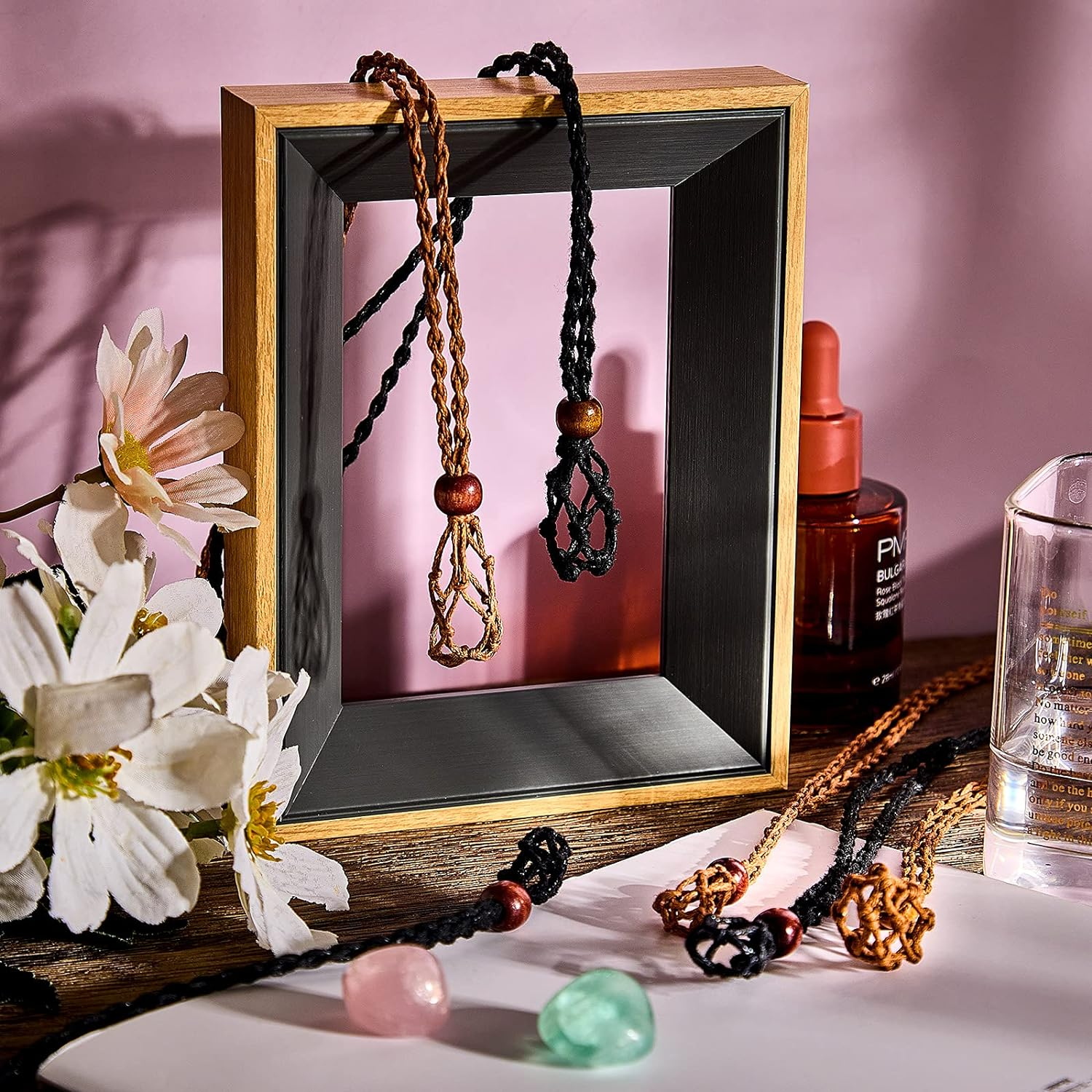 Hicarer 6 Pieces Necklace Cord Empty Stone Holder Empty Necklace Holder Quartz Crystal Stone Cord, 3 Sizes Adjustable Cage Fish Netted for DIY Jewelry Making(Black,Brown) image number 2