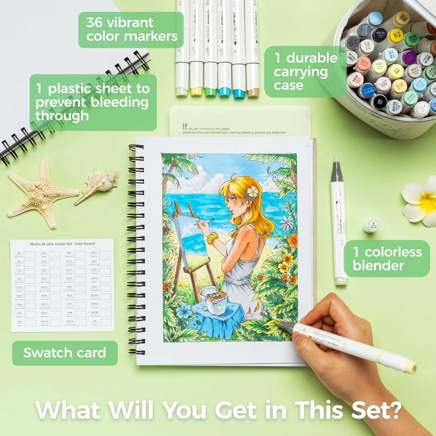 Ohuhu Alcohol Markers Brush Tip: 36-Color Supreme Brush & Chisel Double Tipped Art Marker Set for Artist Adults Coloring Illustrations Sketching- Honolulu Plus- Refillable - 36 Colours image number 2