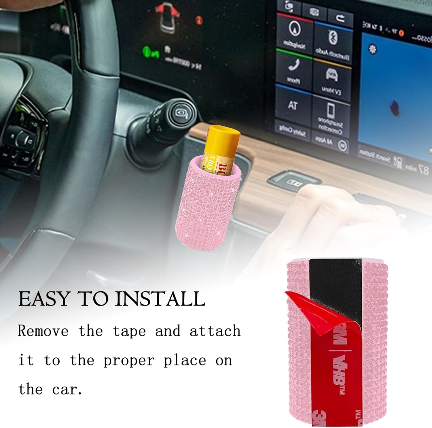 1 Pack Upright Car Chapstick Holder, Bling Lip Balm Holder,Rhinestone Car Interior Accessories for Women ,Suitable for Most Vehicles (Pink) - Leopard Print image number 5