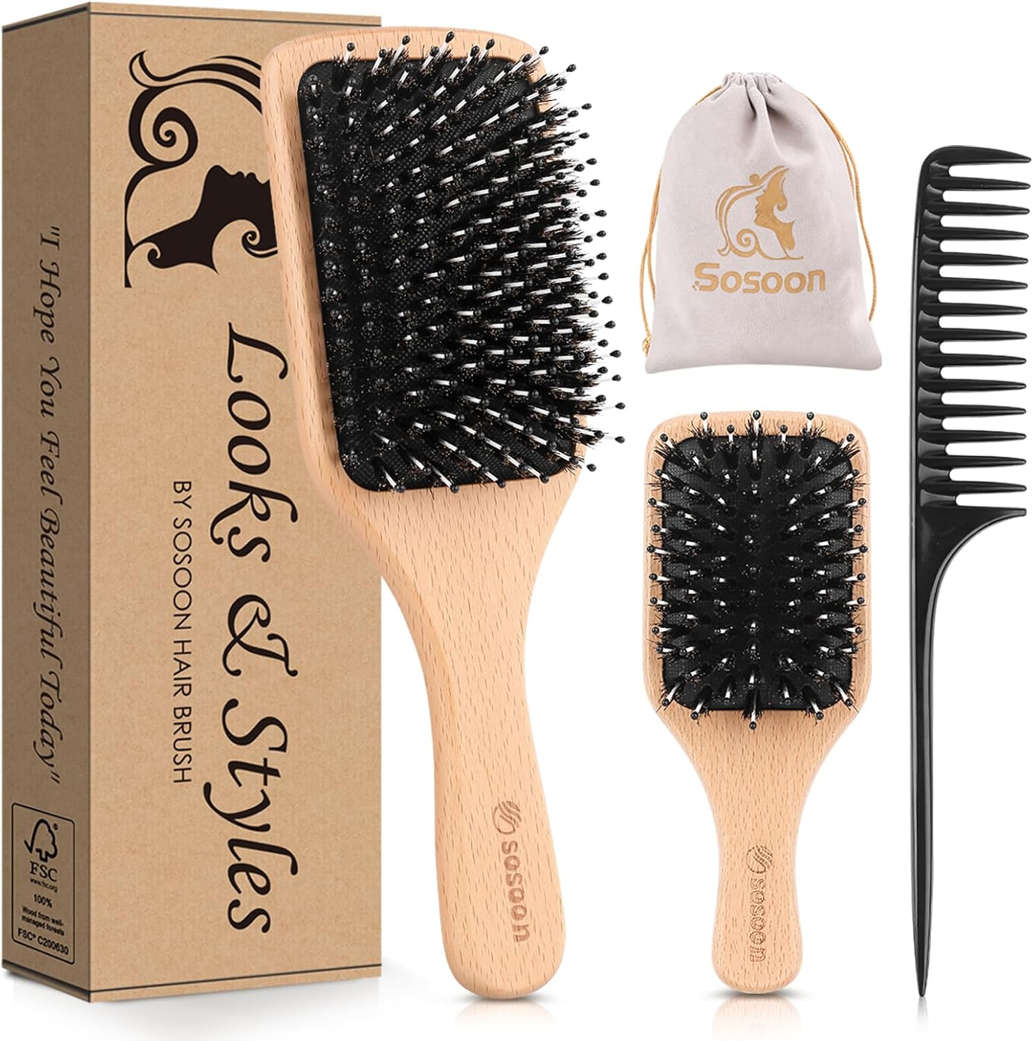 Hair Brush, 2 Pack Boar Bristle Paddle Hairbrush for Women Men Kids Reducing Frizzy, No More Tangle, Small Travel Brush Tail Comb & Giftbox Included