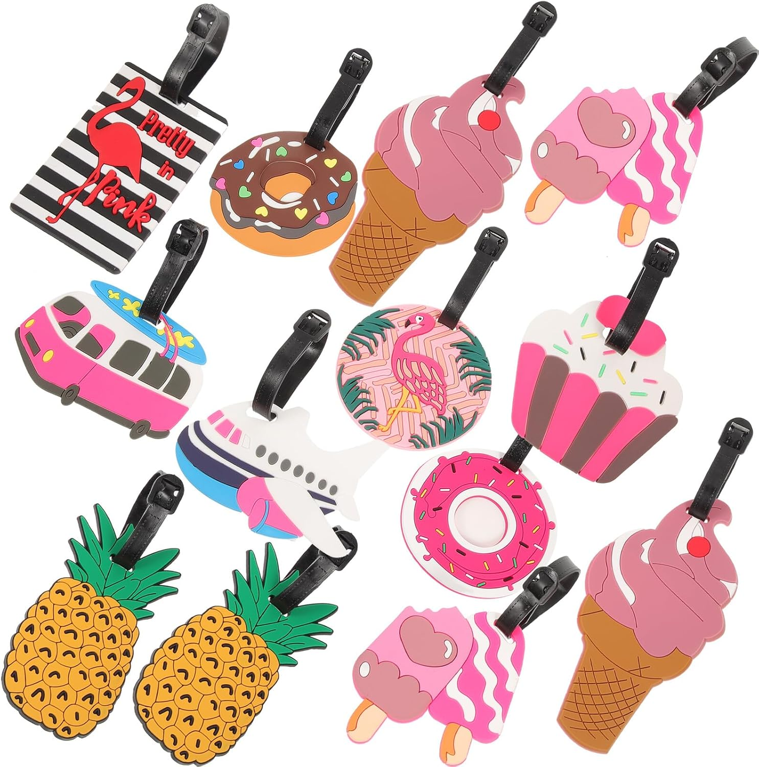 VERDANVERSE 10Pcs Cartoon Fun Luggage Tags Soft PVC Travel Suitcase Identification Tags with Flamingo, Pineapple Ice Cream Designs for Women&rsquo;S Bag Carrying and Airport Use image number 4