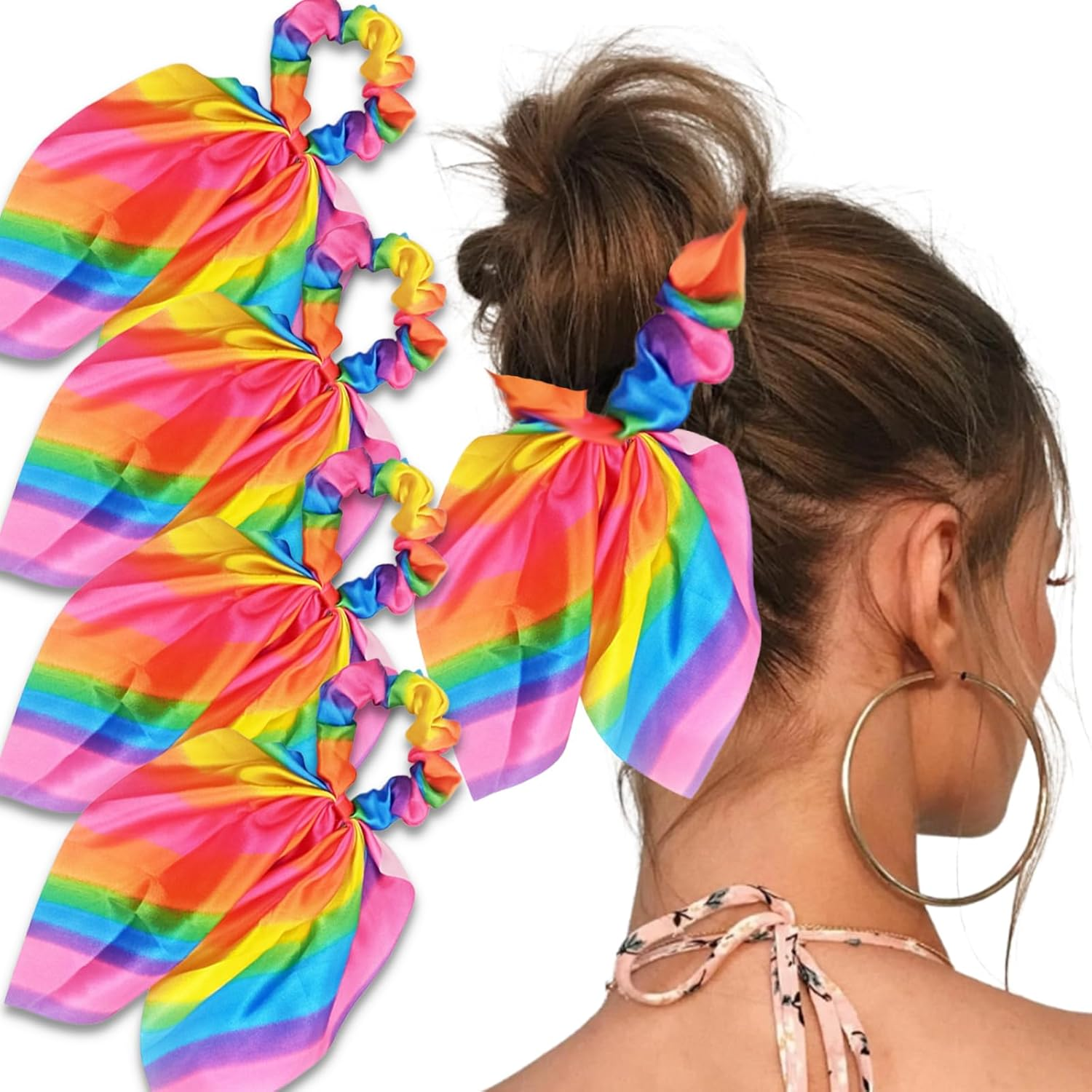 4 Pcs Rainbow Hair Scrunchies Pride Rainbow Bow Hair Tie Rainbow Striped Elastic Ponytail Holder for LGBT Gay Pride Rainbow Hair Accessories