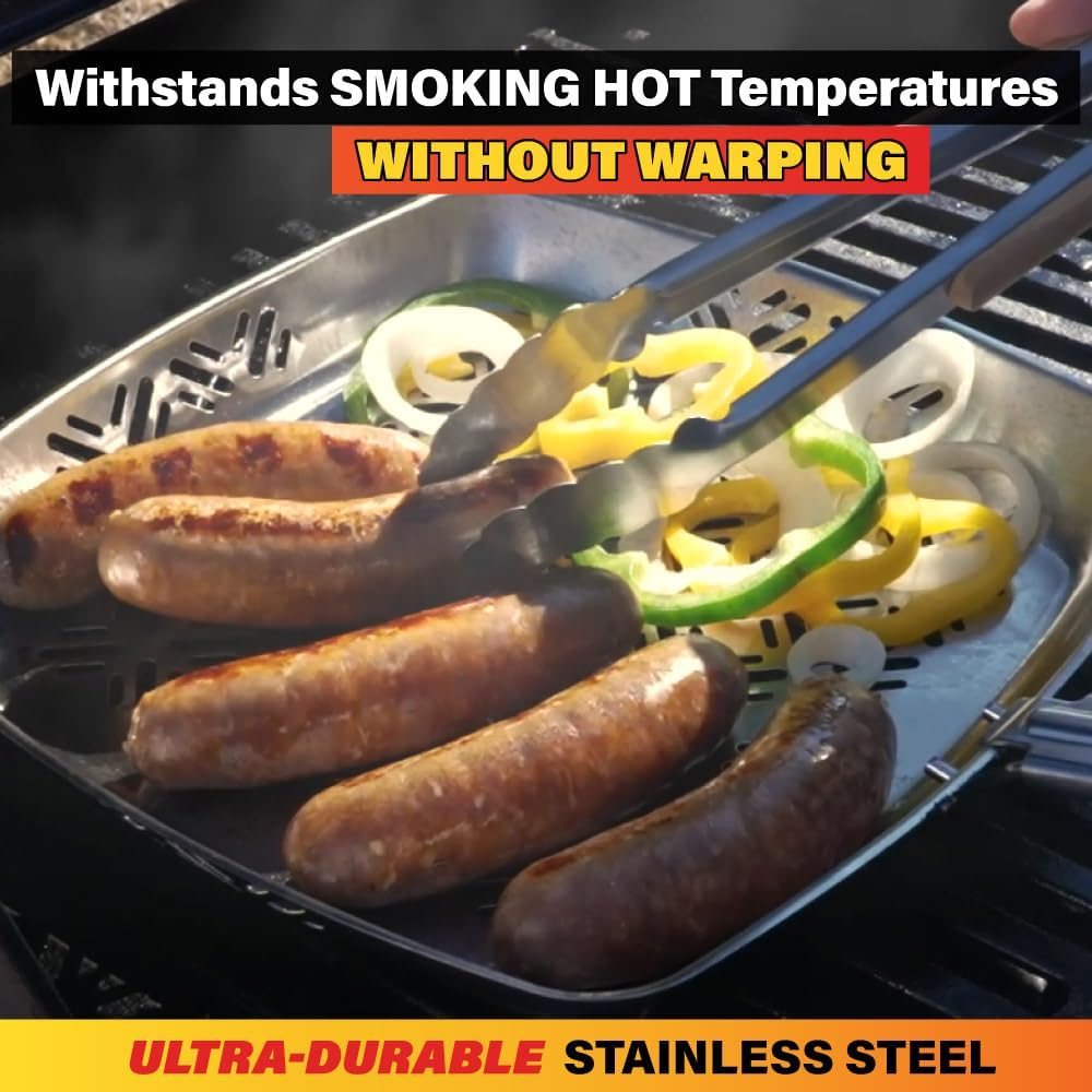 BBQ Grill Pan, Non-Stick, Stainless Steel Pan for Bbqs and Grills, Withstands High Temperatures, Square Design, Detachable Handle, Cooks Evenly