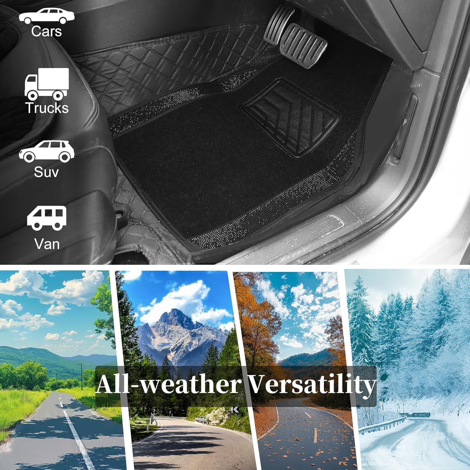 Bling Diamond Car Floor Mats Full Set, 4 Pack Sparkle Glitter Diamond Carpet with Anti-Slip Heel Pad, Waterproof Shining Rhinestone Automotive Mat Universal Fit Sedans,Suv,Vans,Trucks (Black Diamond) image number 3