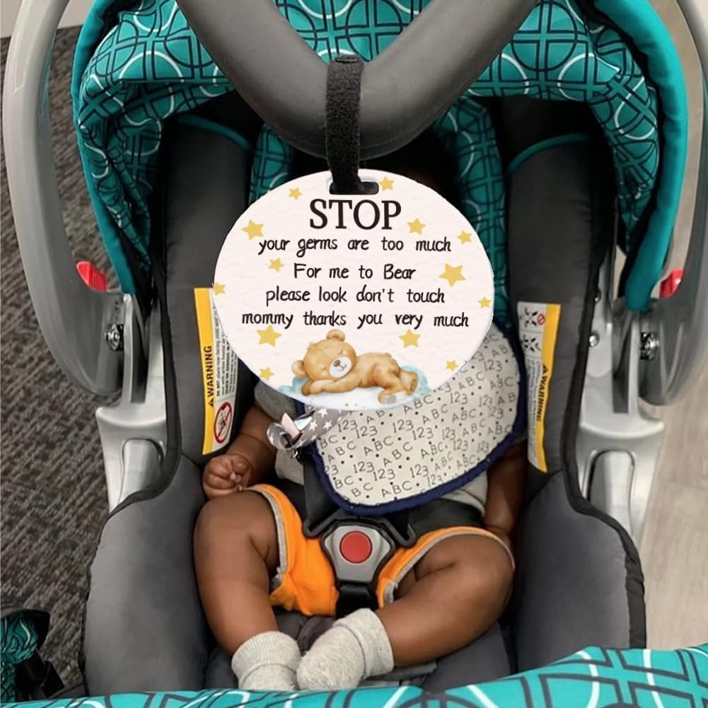 ORIGACH 4 Pack Sleeping Bear Design Don'T Touch Baby Sign Please Look Baby Car Seat Tag with Hanging Strap and Clip for Newborn Girl Boy image number 3