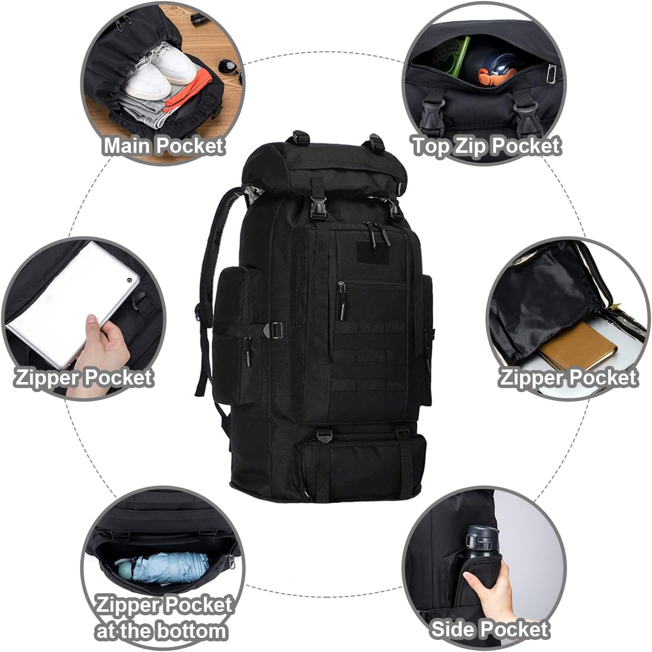 SUCIKORIO Tactical Backpack 100L Black Military Backpack Molle Assault Pack Army Outdoor Rucksack Great Capacity for Hiking, Camping,Trekking image number 6