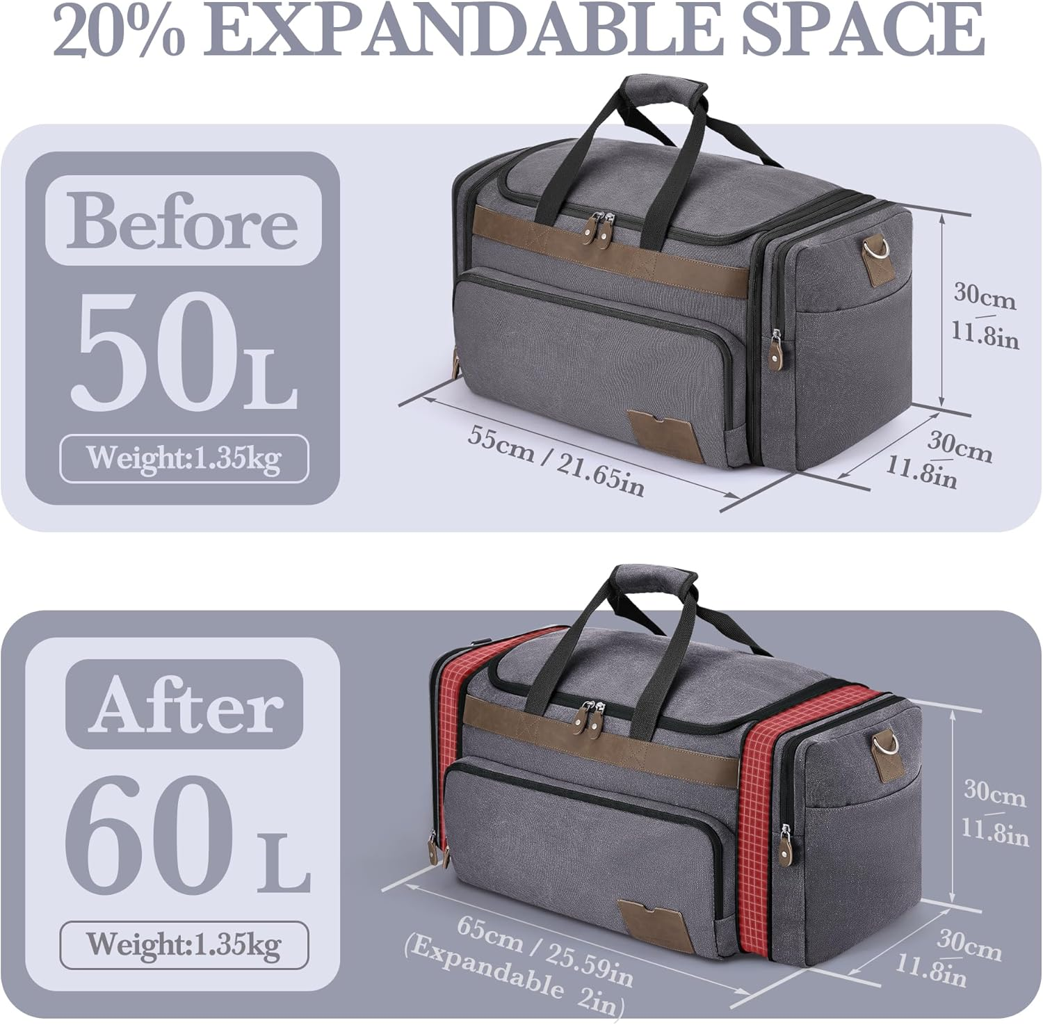 SHOWKOO Duffle Bag for Travel 60L Expandable Canvas Travel Bag Durable Vintage Weekender Overnight Carry on Bag, Dark Gray, Large-60L, Vintage image number 4