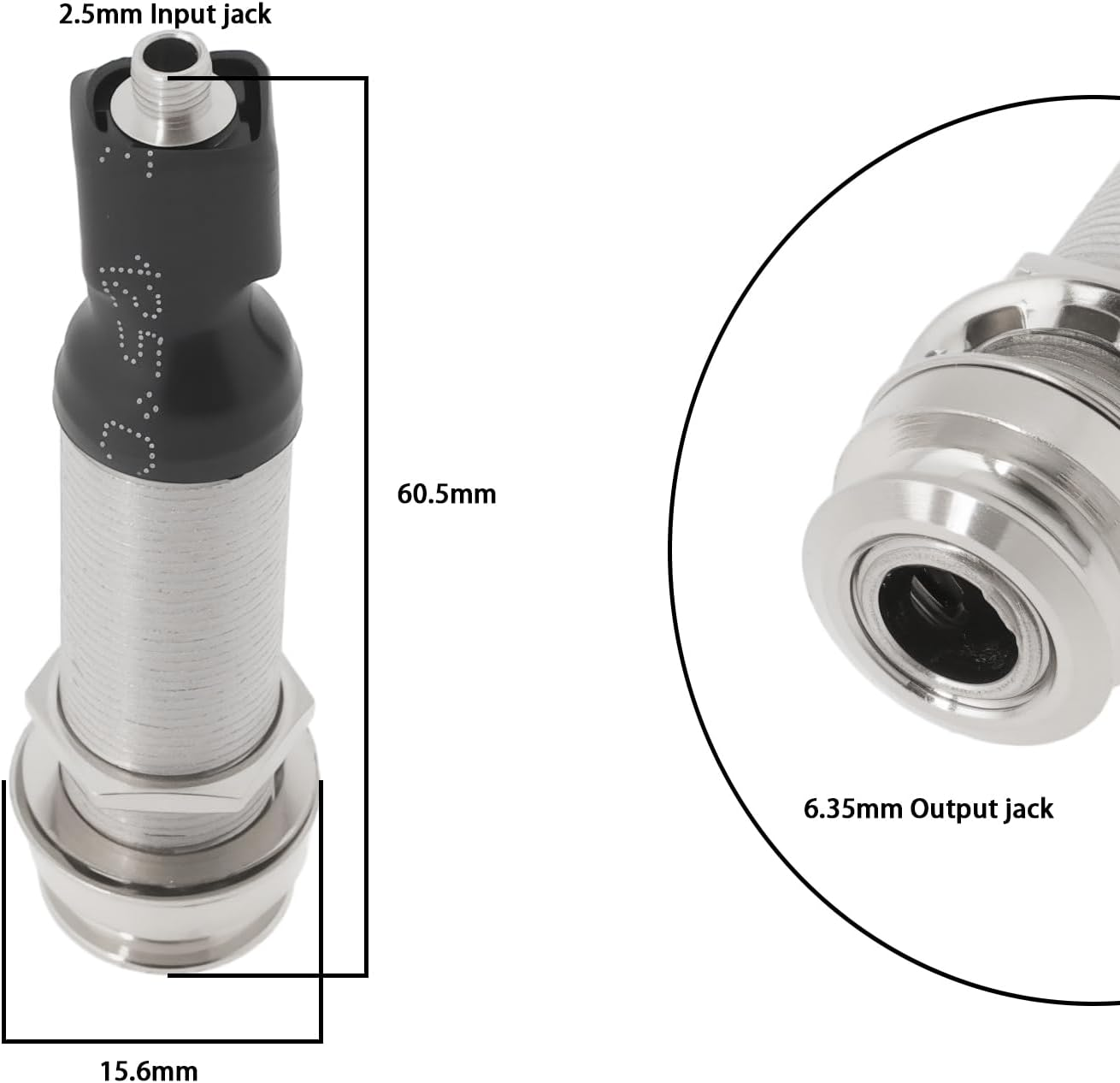1PC Guitar Endpin Jack 6.35Mm Output 2.5Mm Input Endpin Jack Compatible with Acoustic Guitar 60.5X15.6Mm Instrument Accessories Silver