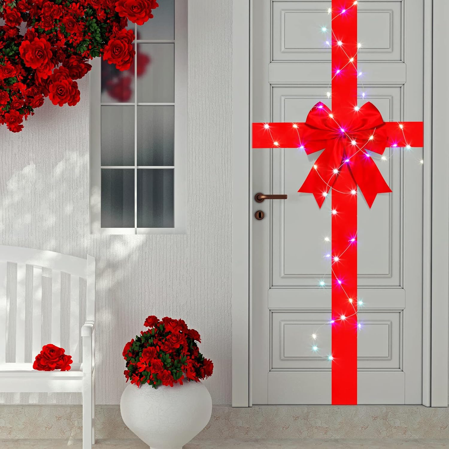Spiareal Christmas Cabinet Door Ribbon Bow with LED Light Large Glowing Wreath Tree Festival Wrapping Ations for Fireplace Home Front (Red)