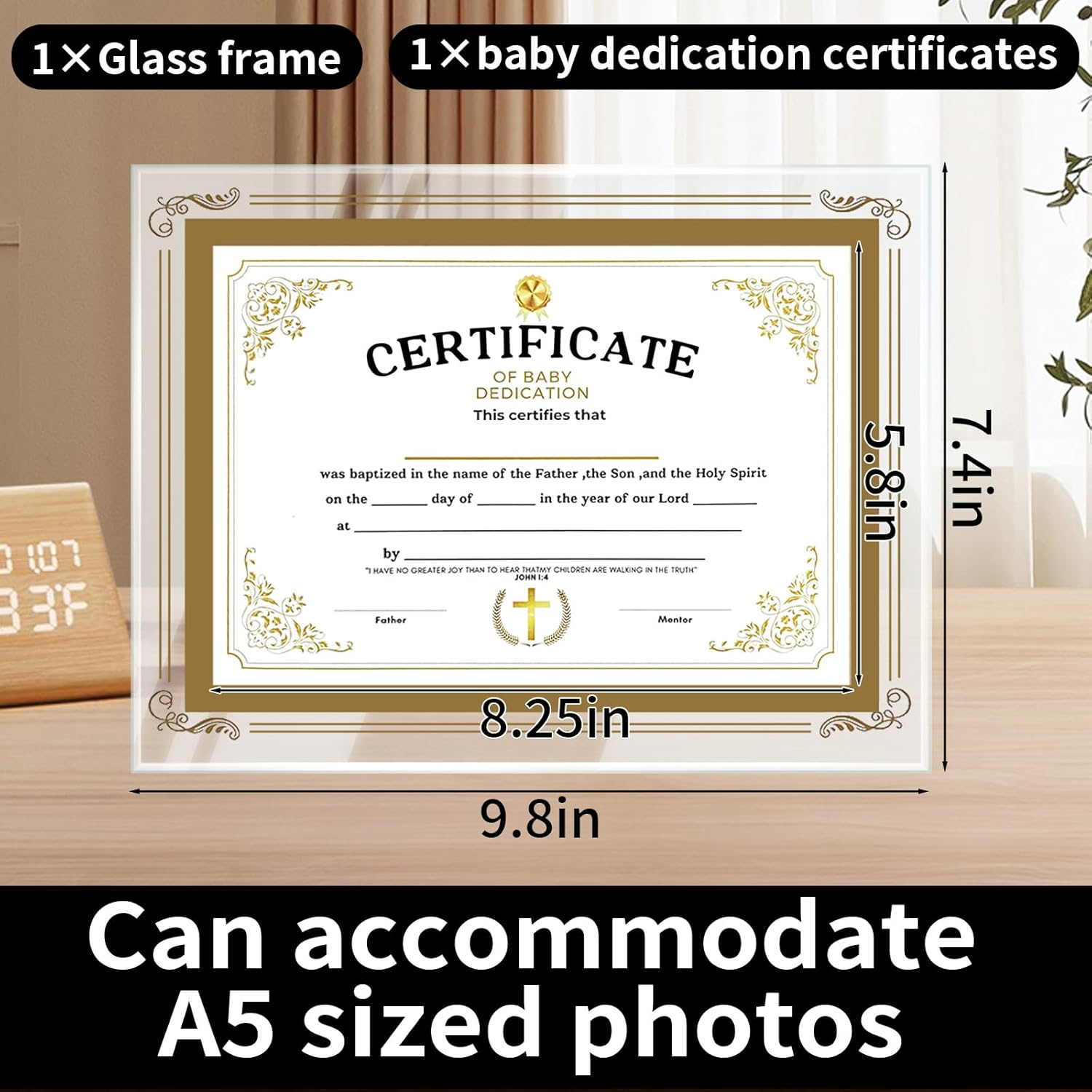 Baptism Certificates for Church, with Glass Frame, Perfect Baptism Keepsake, Gold Foil Cross Certificates of Baby Christening Dedication image number 1