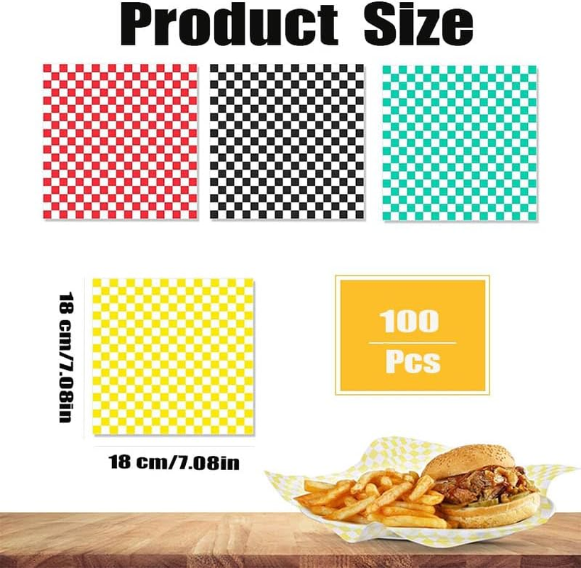 100 Pcs Checkered Food Grade Wrap Paper,Checkered Dry Waxed Deli Paper Sheets,Food Grade Wrap Paper Greaseproof Sandwich Wrap Paper,Baking Wrapping Paper Deli Paper for Sweets Cakes Cheese,Red