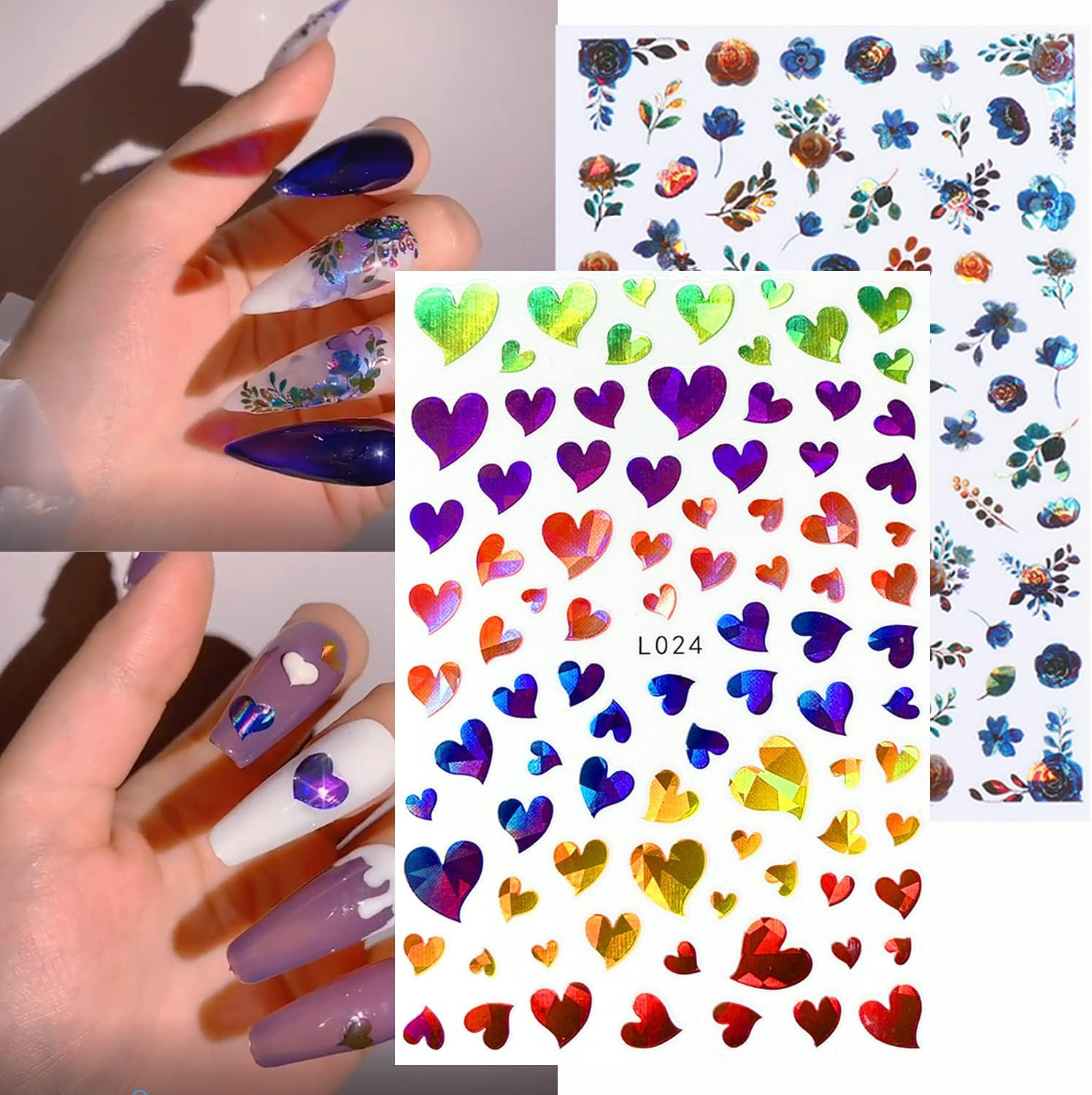 Laser Glitter Nail Art Stickers, 3D Self-Adhesive Nail Decals Design, Holographic Flowers Flame Heart Fruit Butterfly Nail Art Decoration for Women Girls Manicure Charms DIY Nails Supplies (8 Sheets) image number 4