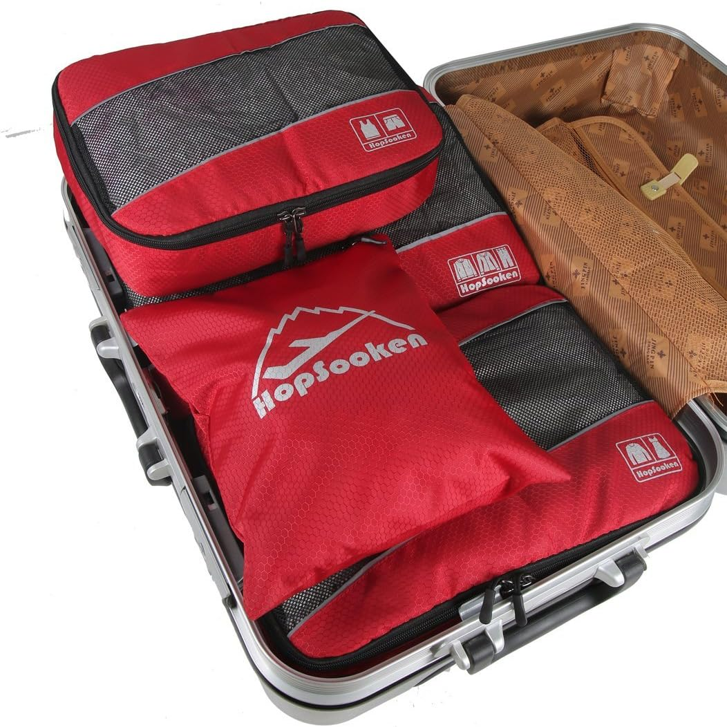 Hopsooken 5 Set Packing Cubes for Travel Large Suitcase Luggage Organizer Bags Travel Accessories Vacation 4 Cubes 1 Laundry Pouch Bag, Red, Large image number 5
