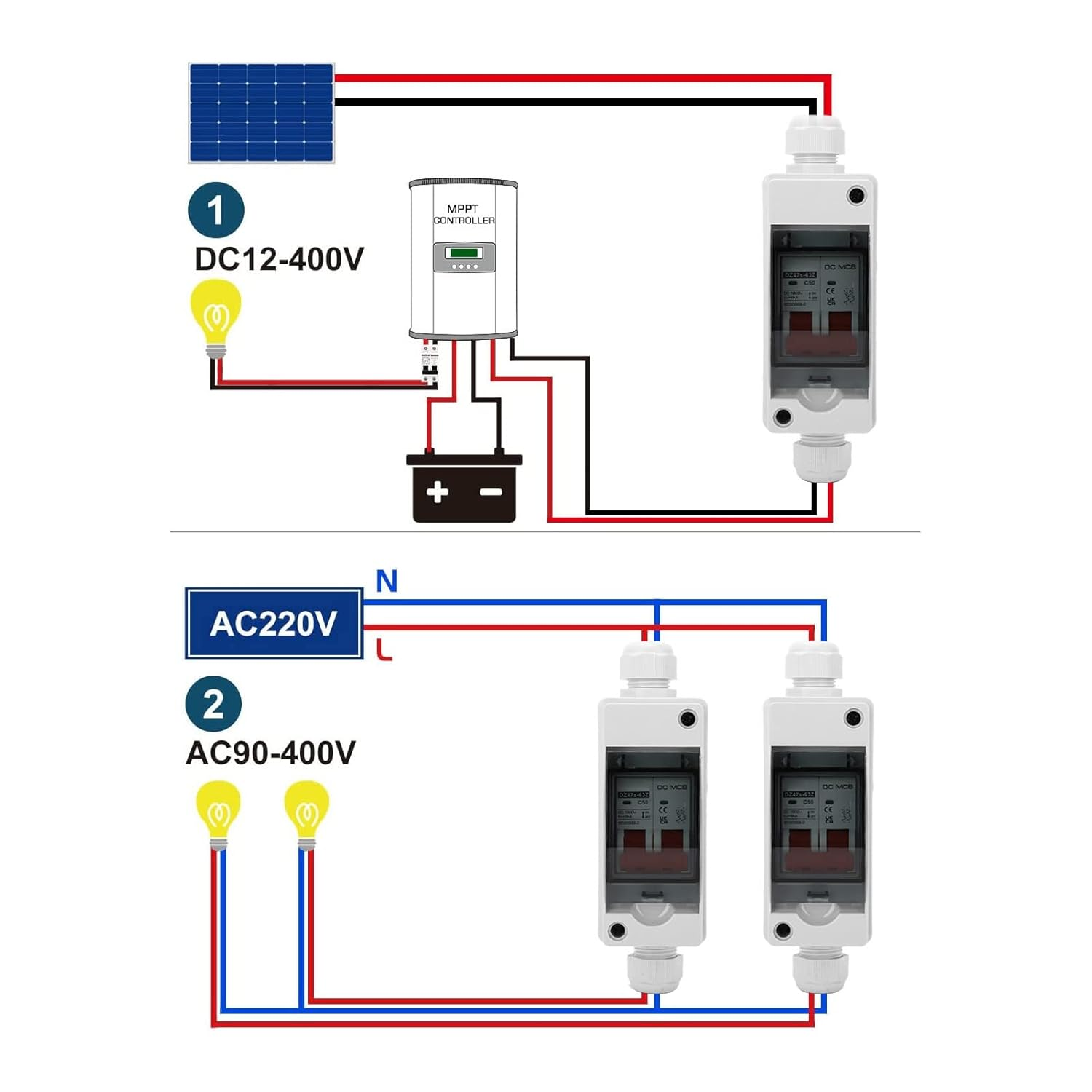 Fafeicy Solar Disconnect Switch 2P 50A DC Circuit Breaker IP65 Water Proof PV Isolator Switch for off Grid System RV and Solar Panel image number 1