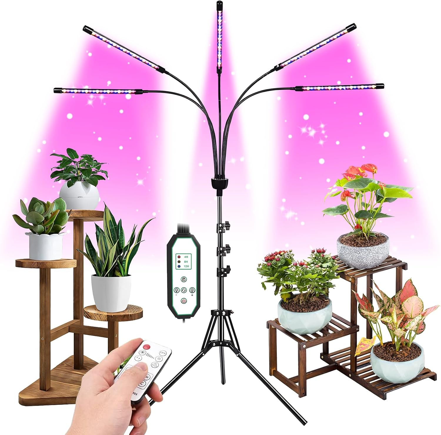 F1TP Grow Lights for Indoor Plants 9 Dimmable Levels 80 LED Lamps Plant Lights (With Auto On/Off 4/8/12H 3 Adjustable Timers, Tripod Stand, Remote Controls, 2 Shovels, 1 Claw, 1 Adapter) image number 5
