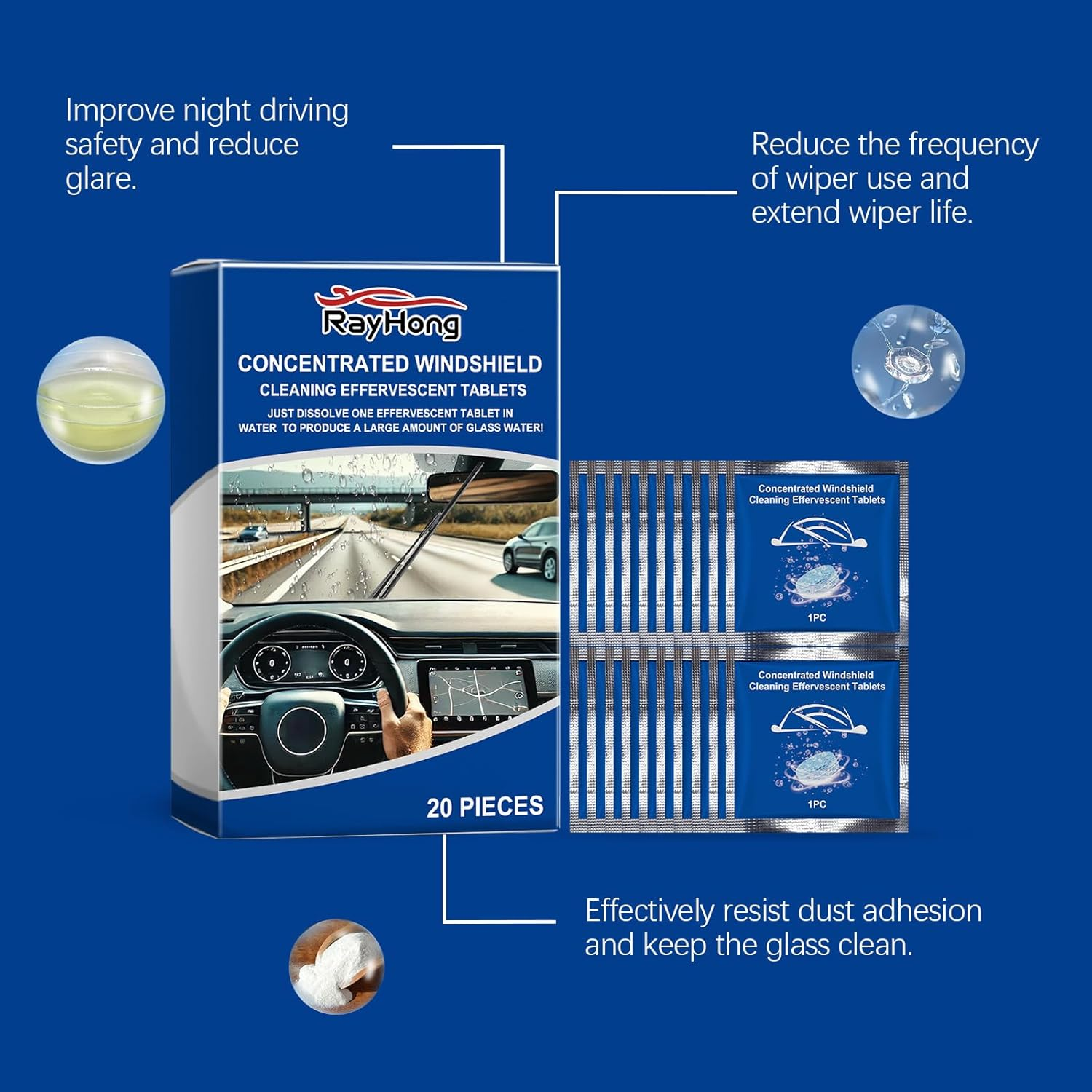 Windshield Cleaning Tablets, 20 Pack, Concentrated Effervescent Glass Cleaner with Anti-Fog Effect image number 5