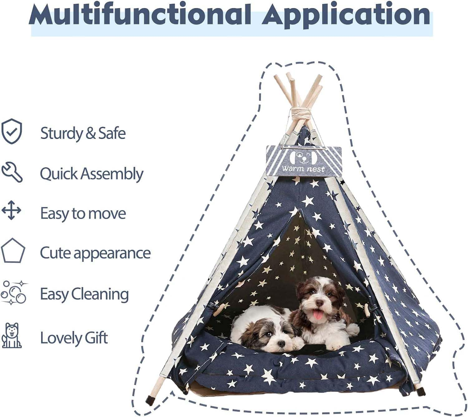 Pet Teepee Tent 60 Cm &ndash; Portable Indoor Dog and Cat Bed with Plush Cushion, Washable Navy Blue Stars Pattern Tent House, Ideal for Puppies and Kittens image number 5