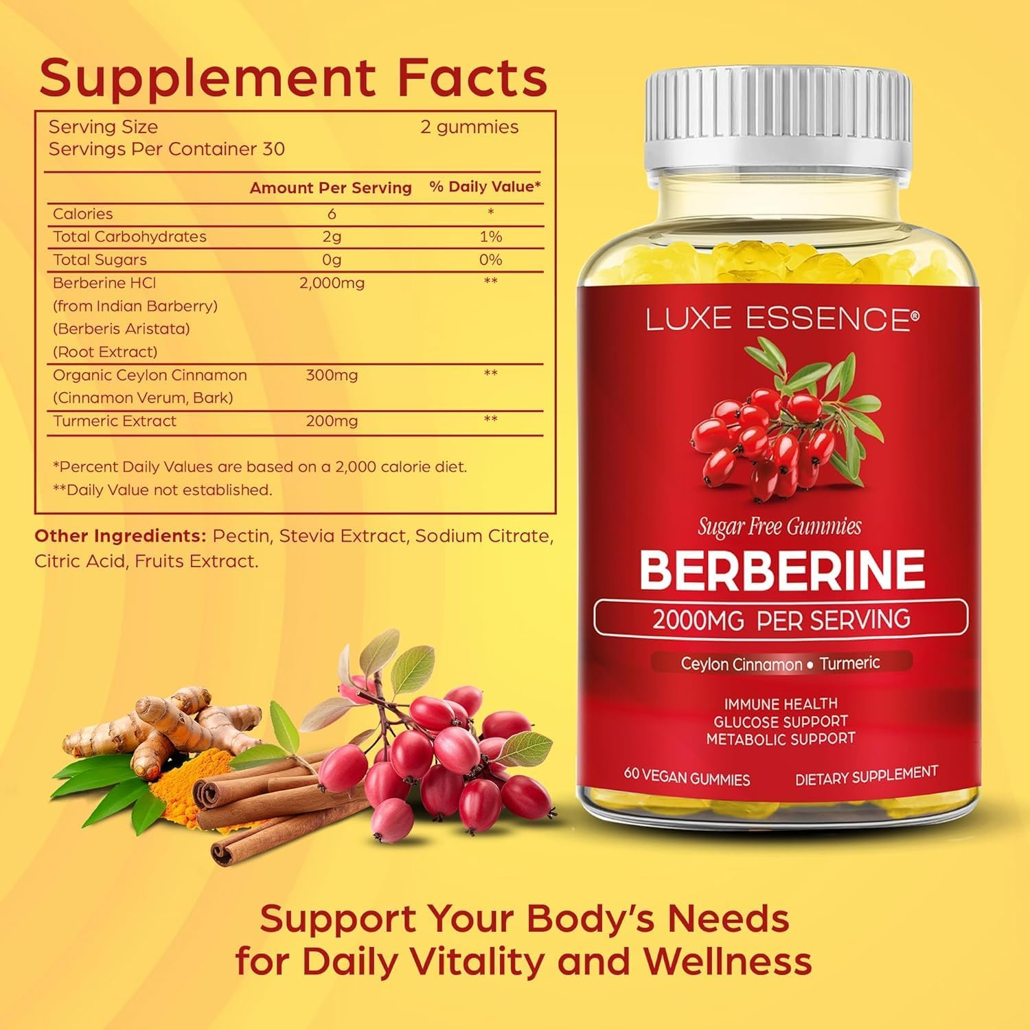 Berberine Gummies with Ceylon Cinnamon & Turmeric | 2000Mg Berberine HCI Supplement for Digestive Health & Support of Healthy Glucose Metabolism | Vegan, Sugar-Free, Pineapple Flavour | 60 Gummies