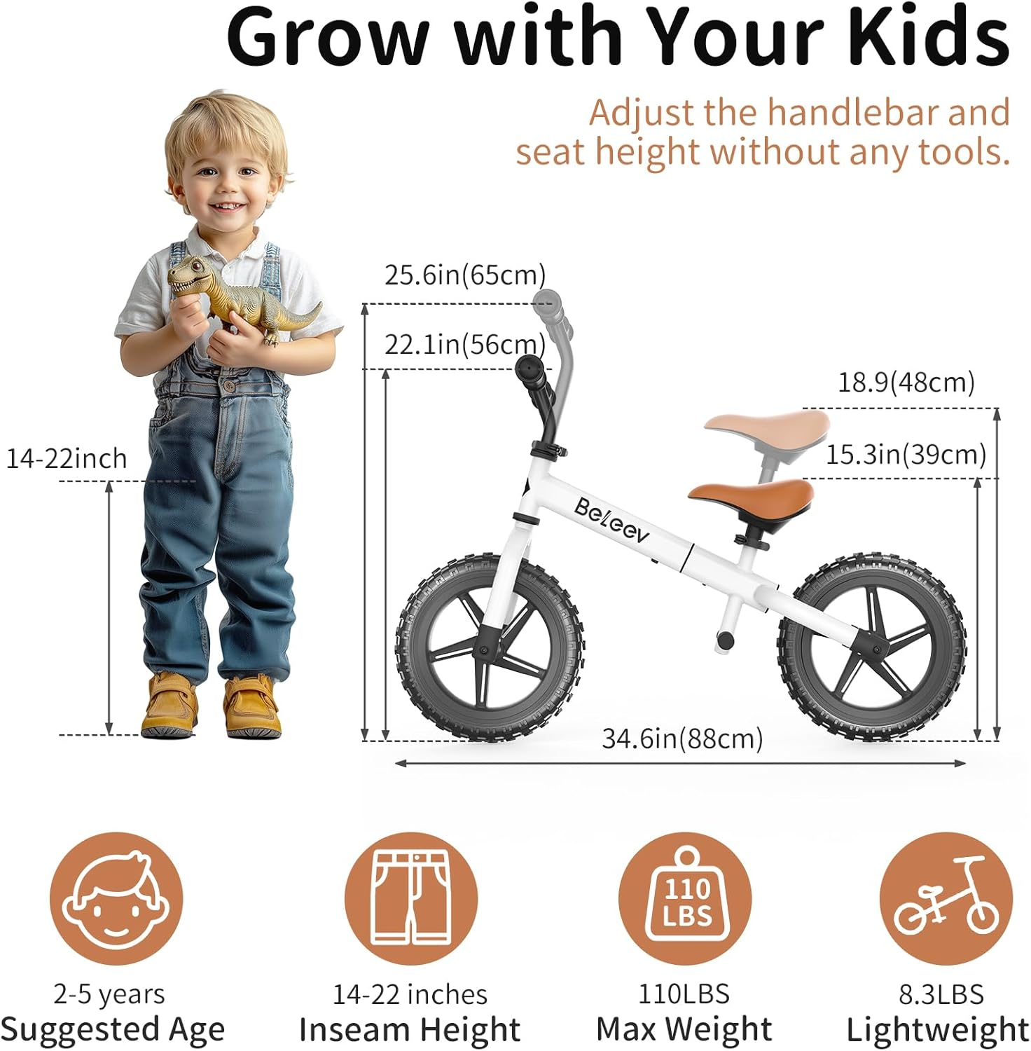 BELEEV C2 Balance Bike 2 Year Old with LED Light-Up Wheels, Adjustable Seat and Handlebar, Footrest, 12 Inch Anti-Skid Wheels, Kids Toddler Baby Walker Bike First Birthday 2-5 for Boys Girls image number 4