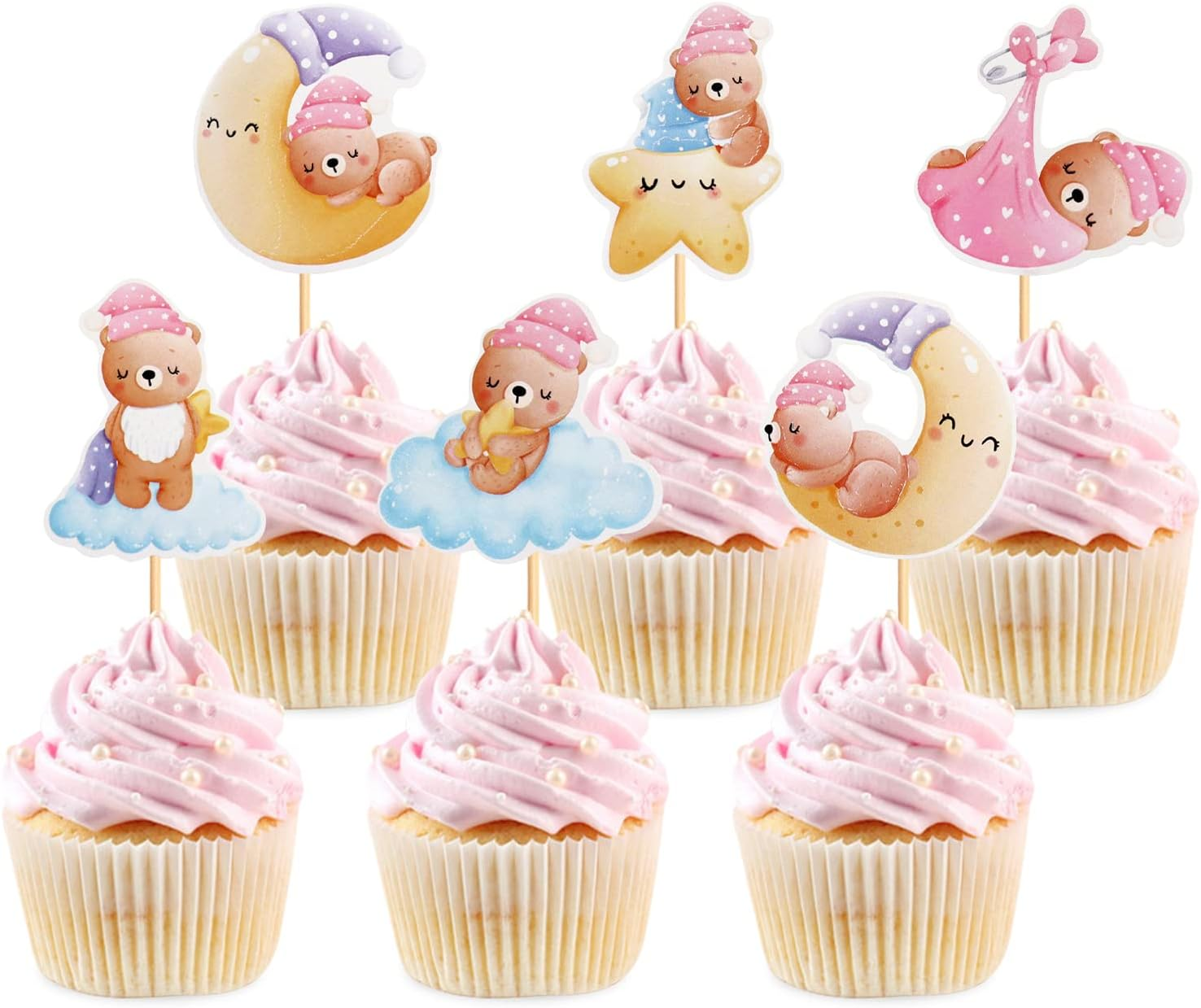 24 Pack Bear Baby Shower Decorations Bear Cupcake Toppers Gender Reveal Baby Girl Kids Birthday Bear Theme Birthday Party Cake Decorations Supplies Pink image number 3