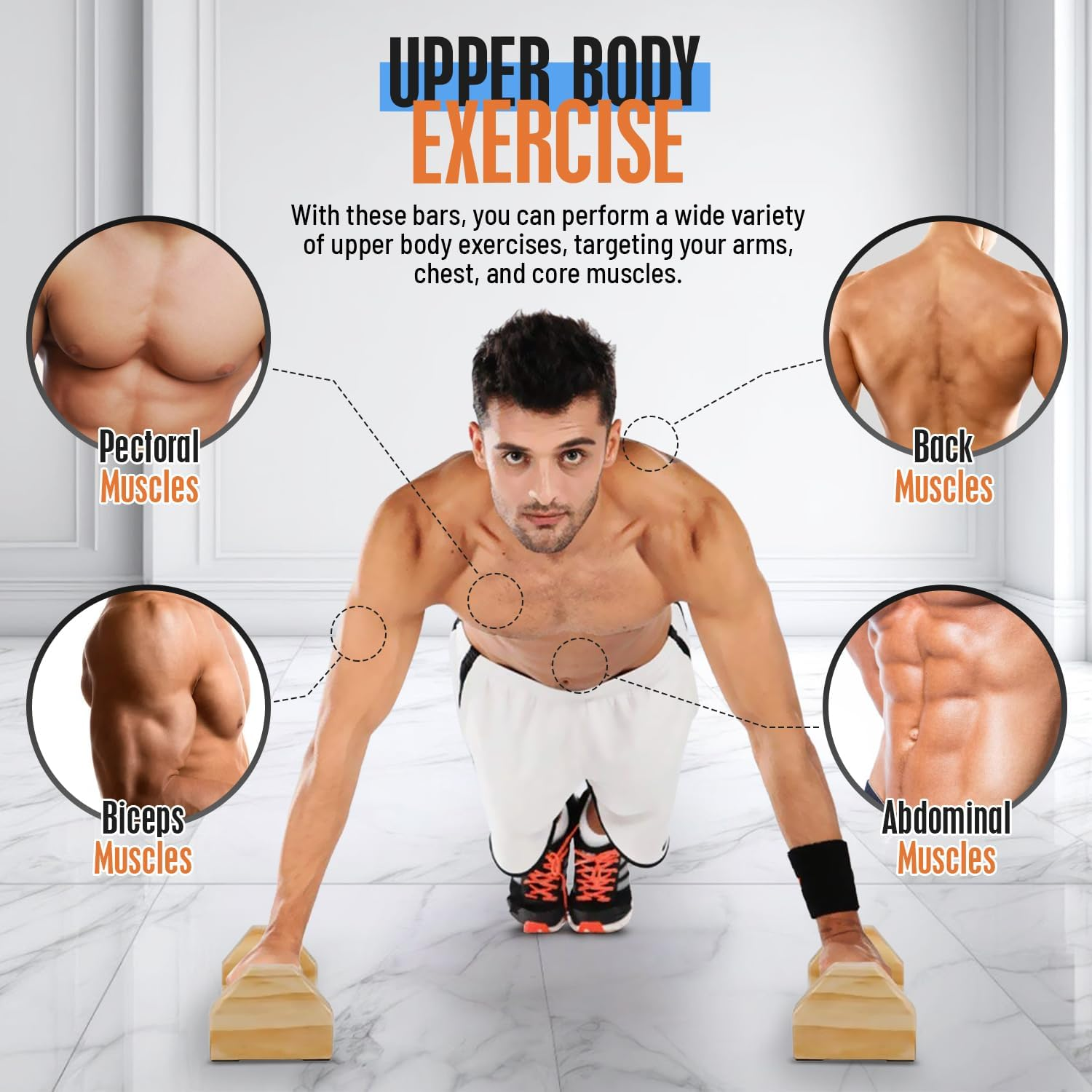 Push up Bars for Floor &ndash; Wooden Parallettes Bars Calisthenics Equipment, &ndash; Solid Pine Wood Parallel Bars for Handstand, Pushups, Dips. Wrist Wraps Included, Bonus Carry Case and Ebook - Perfect for Home Gym Use image number 4