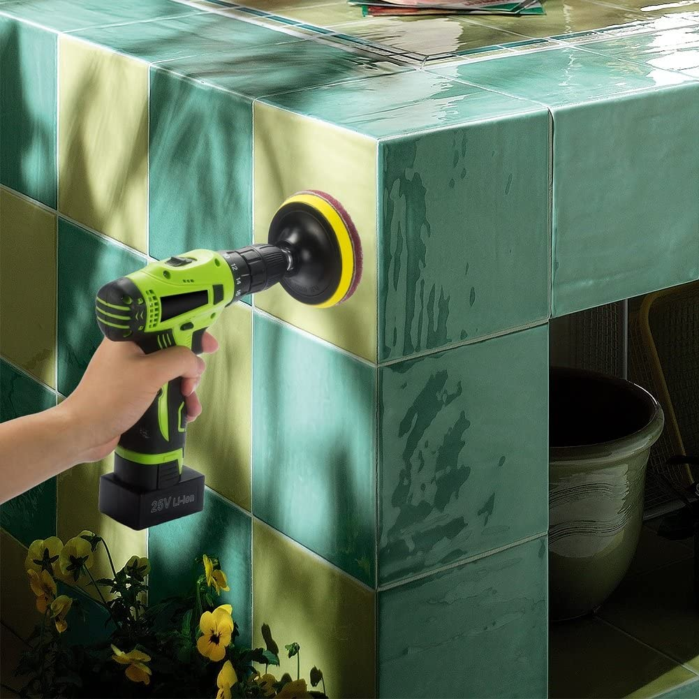 Kichwit 4 Inch Drill Power Brush Scrubber Scouring Pads, Includes Drill Attachment, 3 Red Pads and 3 Stiff Green Pads, Heavy Duty Household Cleaning Tool (Drill Not Included) image number 6