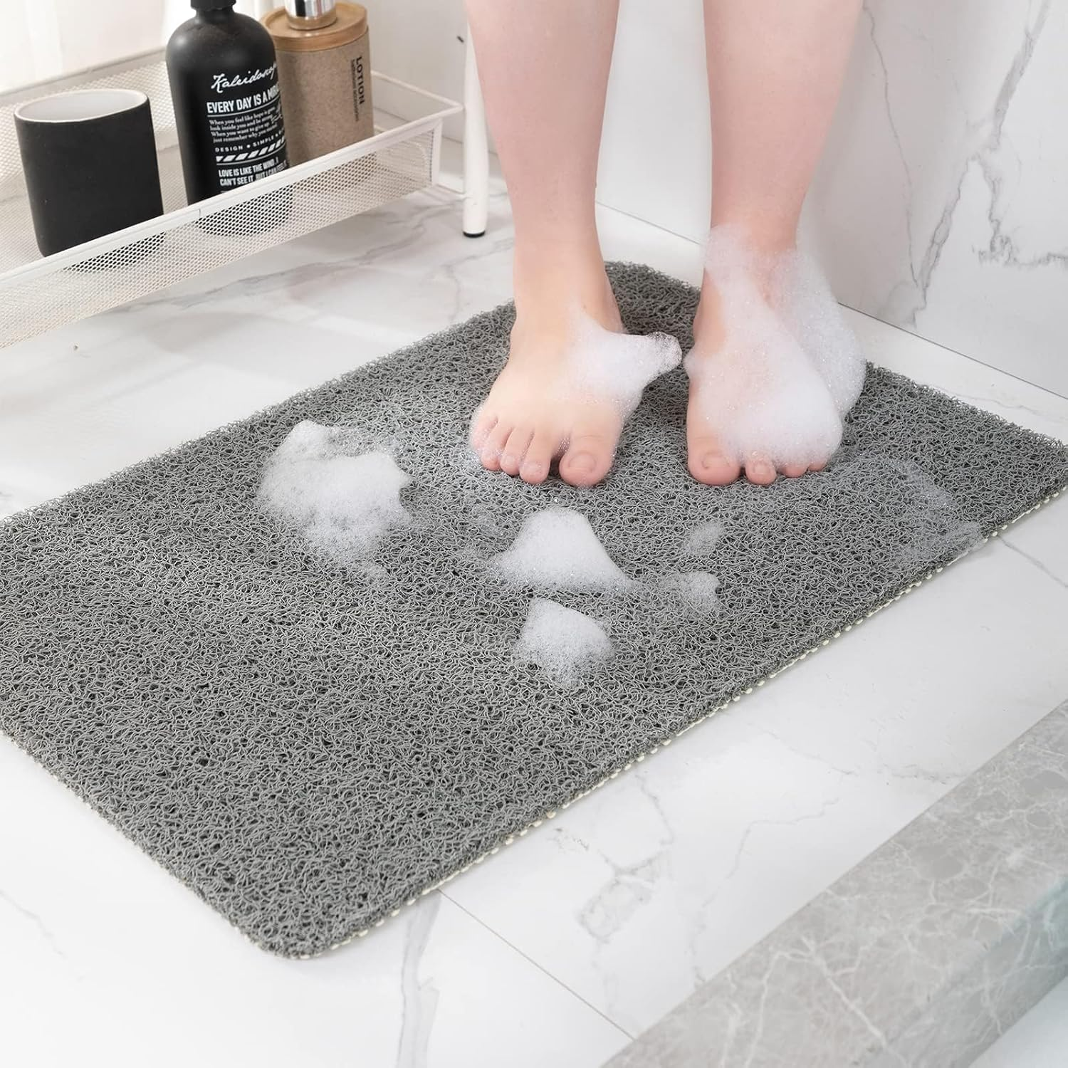 Non-Slip Shower Mat - Comfort Bath Tub Mats with Drain - PVC Loofah Bathroom Floor Mat for Wet Areas - Easy to Clean-Quick Drying (Grey, 40 X 100Cm) image number 4