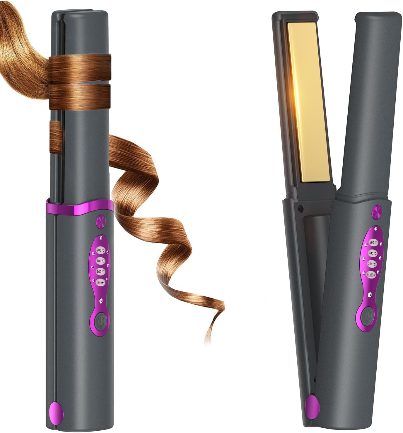 B-Qtech Cordless Hair Straightener Curler 2 in 1, Portable Mini Travel Straightener，Fast Heating, 3 Adjustable Temperatures, Hair Straighteners 5000Mah Type-C (Grey)