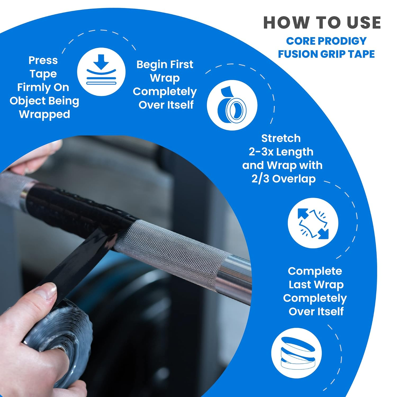 Core Prodigy Fusion Grip Tape - Silicone Rubber Wrap for Pull up Bars, Barbells, Dumbbells, Sports and Gym Equipment, and Tools (10 Foot, Black) image number 2