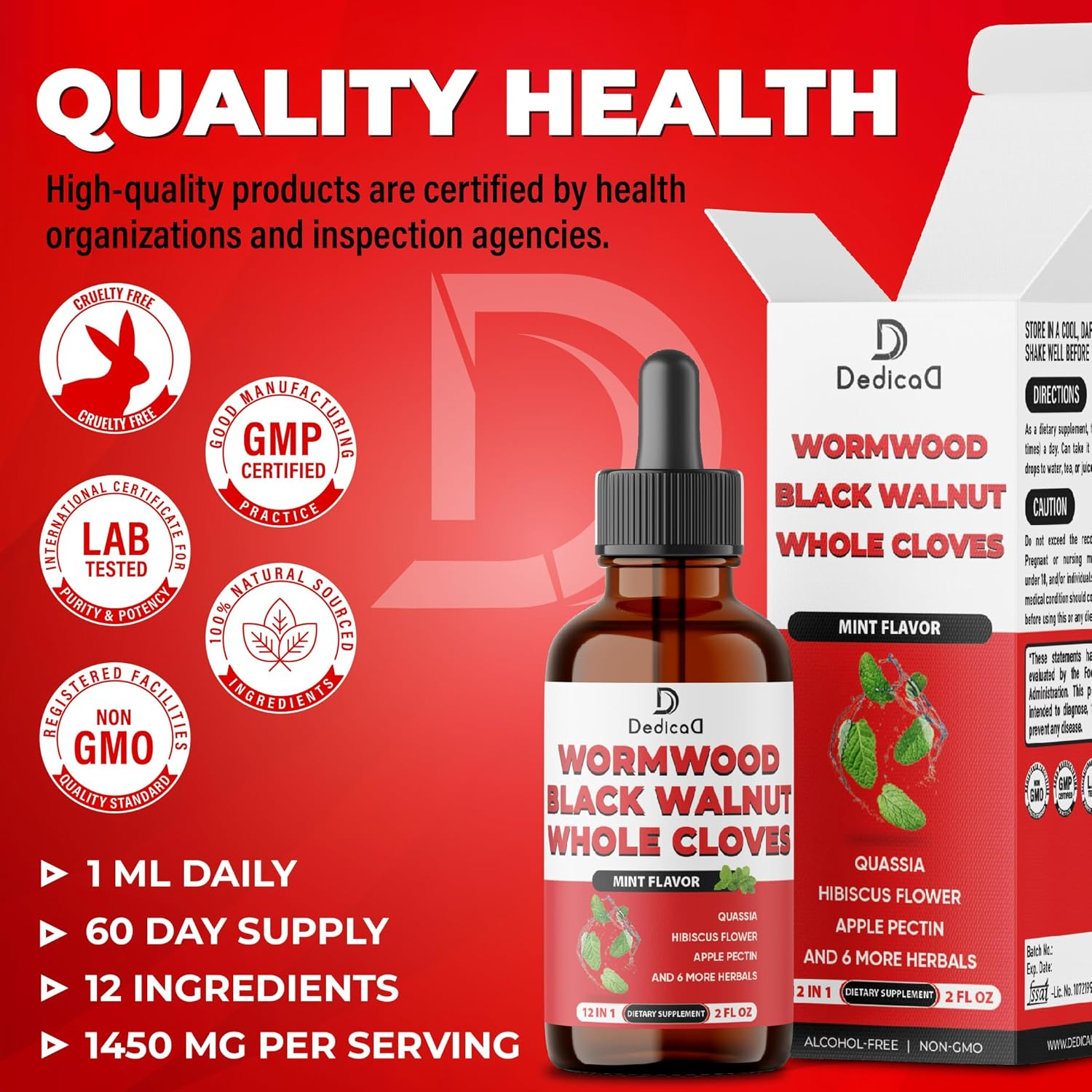 12In1 Wormwood Liquid Drops Added Black Walnut, Whole Cloves and 9 More Herbs - 2 Fl Oz - 60 Days Supply - Mint Flavor