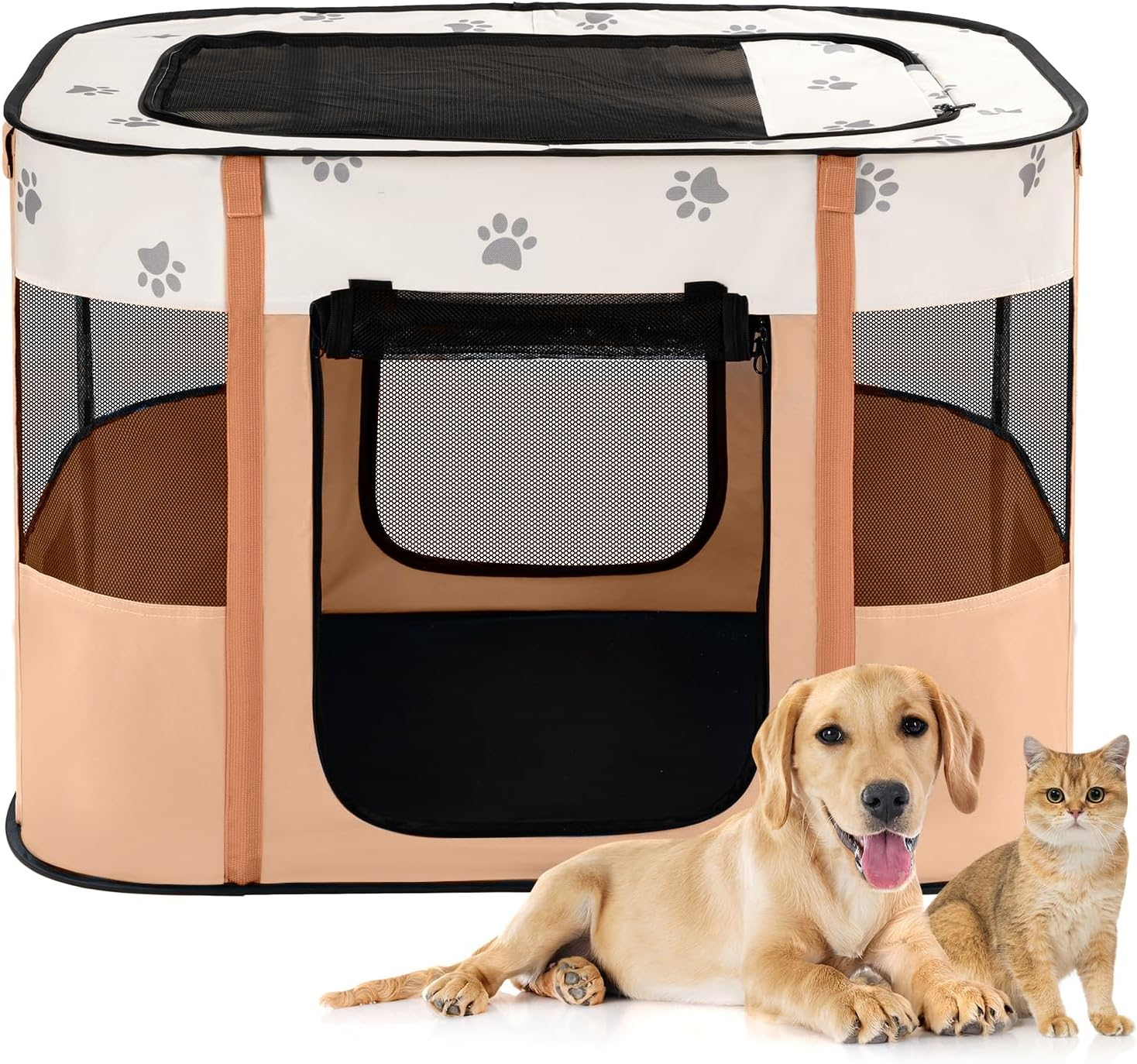 Avont Portable Dog Cat Playpen, Foldable Pop up Pet Play Pen Travel Crate with Floor and Mesh Door Top for Indoor Outdoor Collapsible Tent Cage -S, Orange