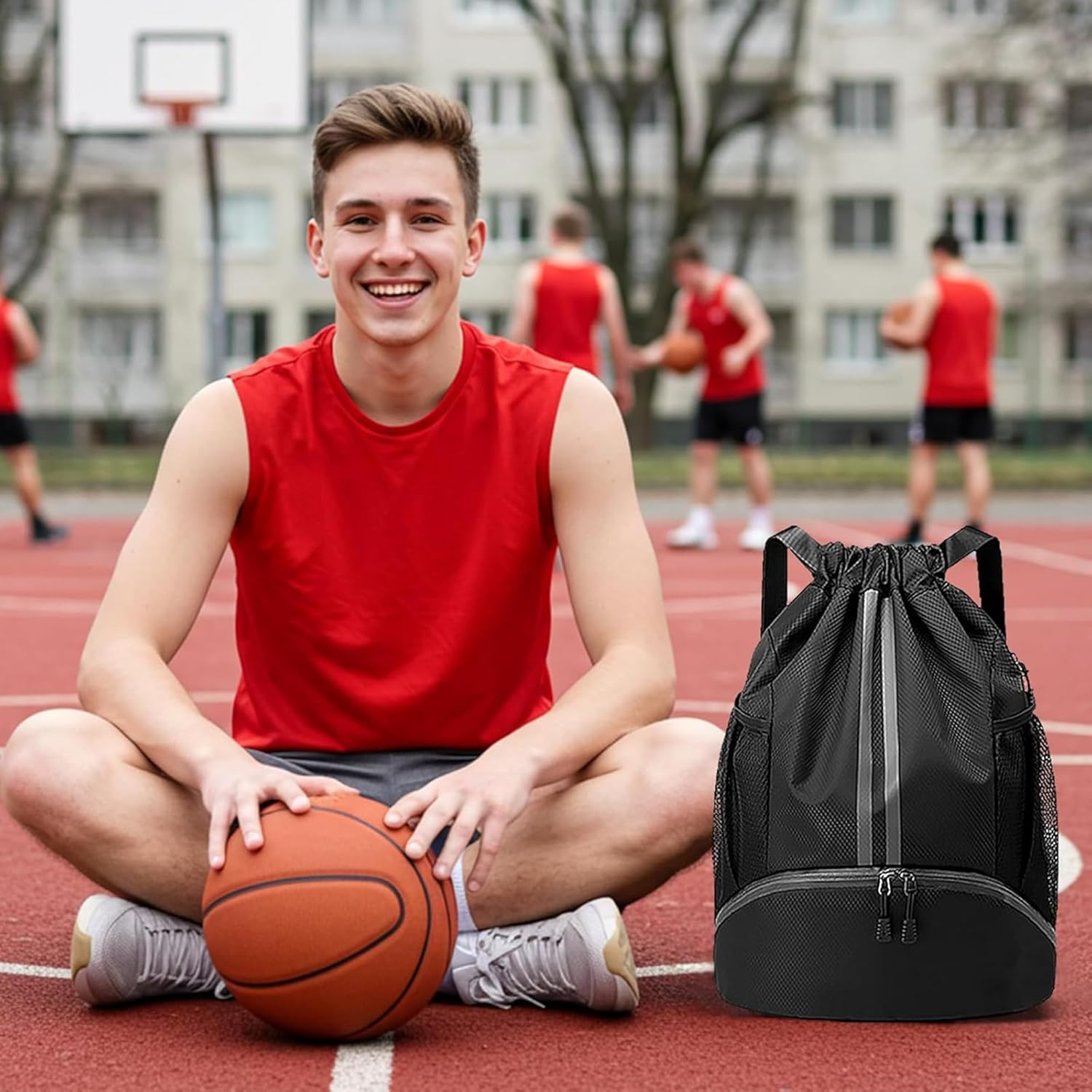 Sports Drawstring Gym Bag with Shoe Bag, Waterproof Drawstring Bag with Wet Pocket & Mesh Bottle Pockets for Women Men, Sport Bag for Swim Travel Fitness Workout image number 4